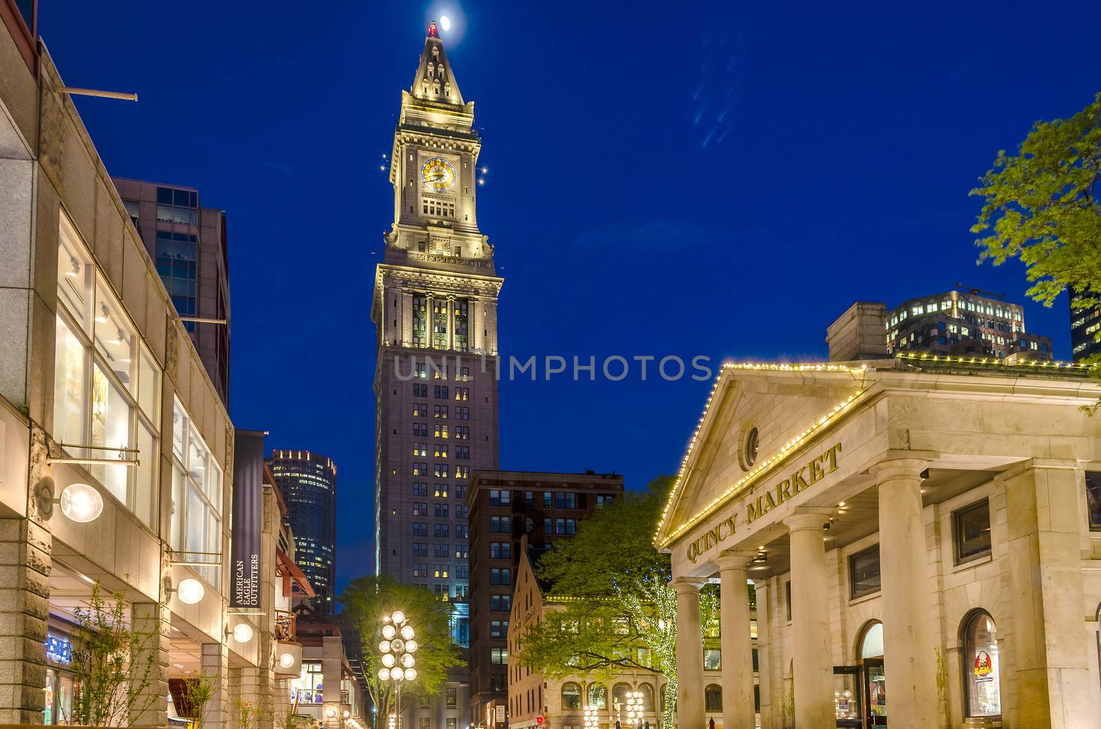 Custom House Tower and Quincy Market at night, Boston, USA