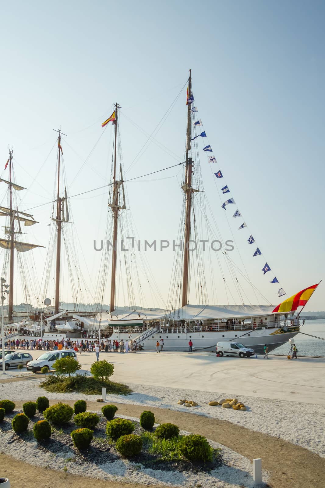 AVILES, SPAIN - JULY 09: Spanish Navy Ship Juan Sebastian Elcano, the training ship of spanish army, docked in the port beside of Niemeyer Cultural Center, on July 09, 2013, in Aviles, Spain