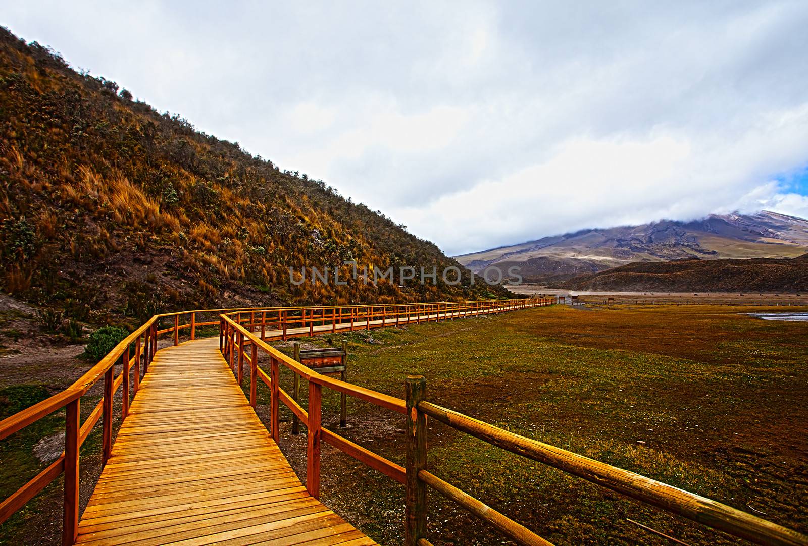 wooden bridge with a view on the volcano Cotopaxi