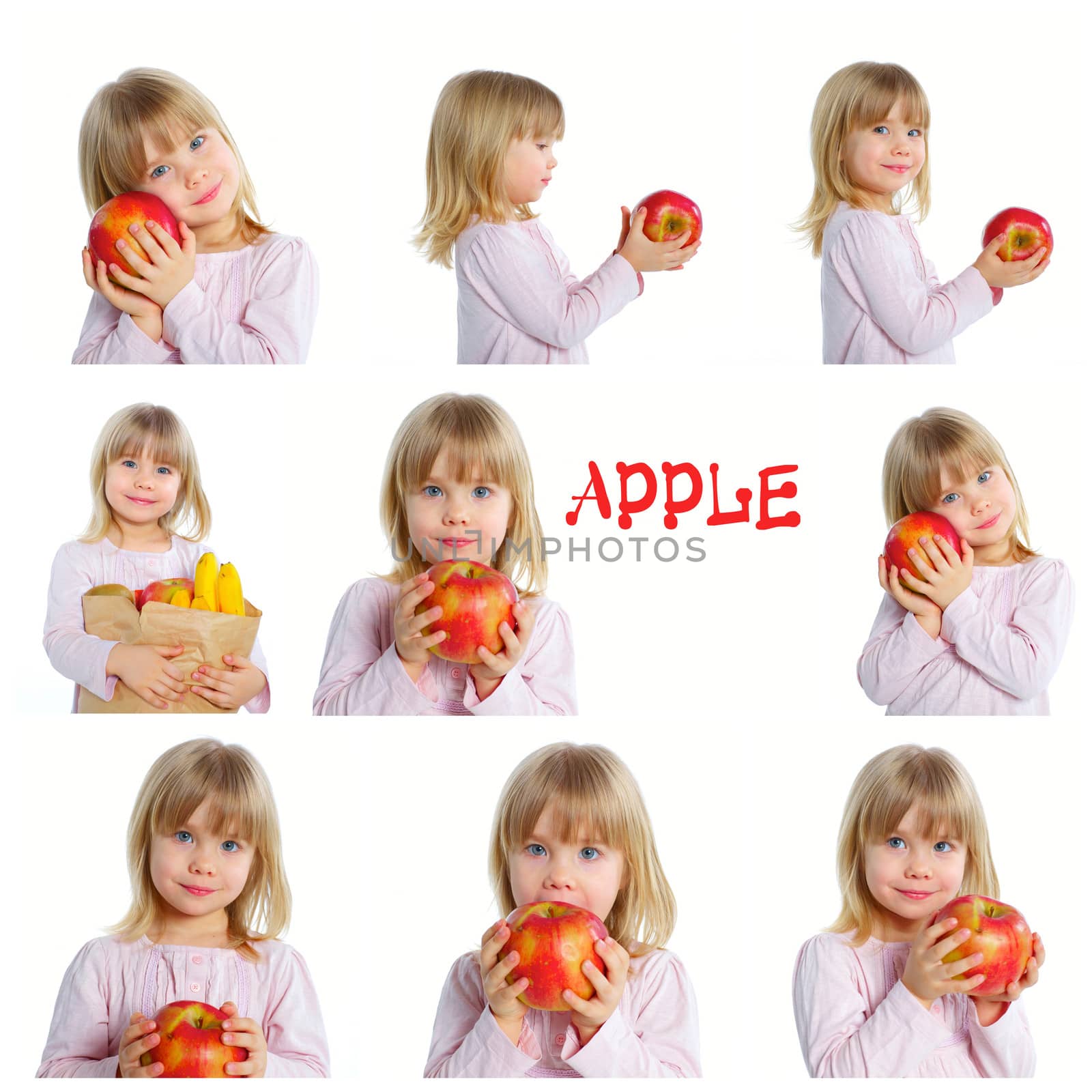 Collage of images little beauty girl holding big apples. Isolated white background