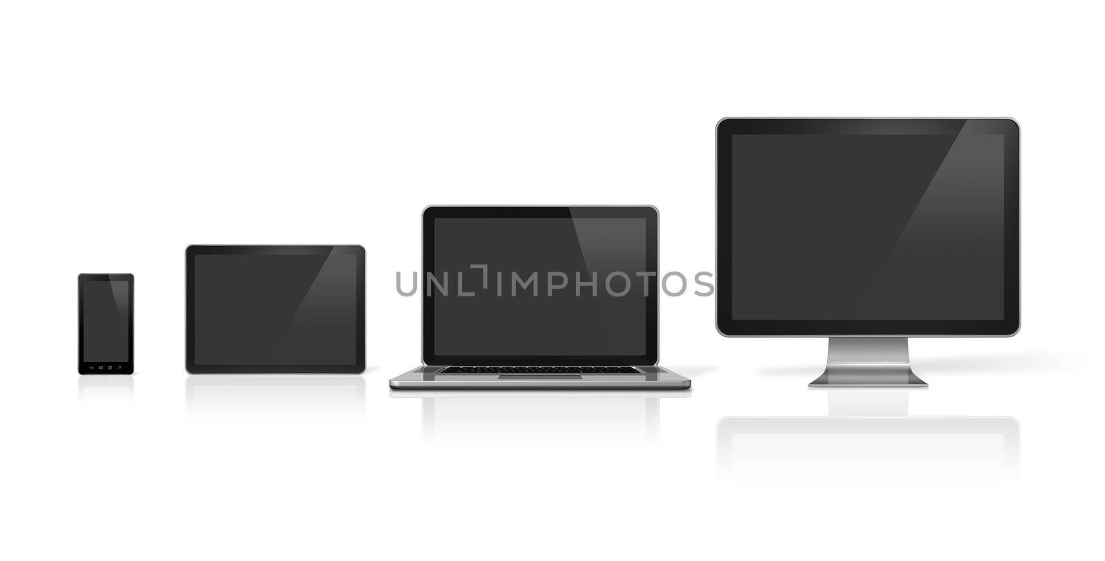 3D computer, laptop, mobile phone and digital tablet pc - isolated on white with clipping path