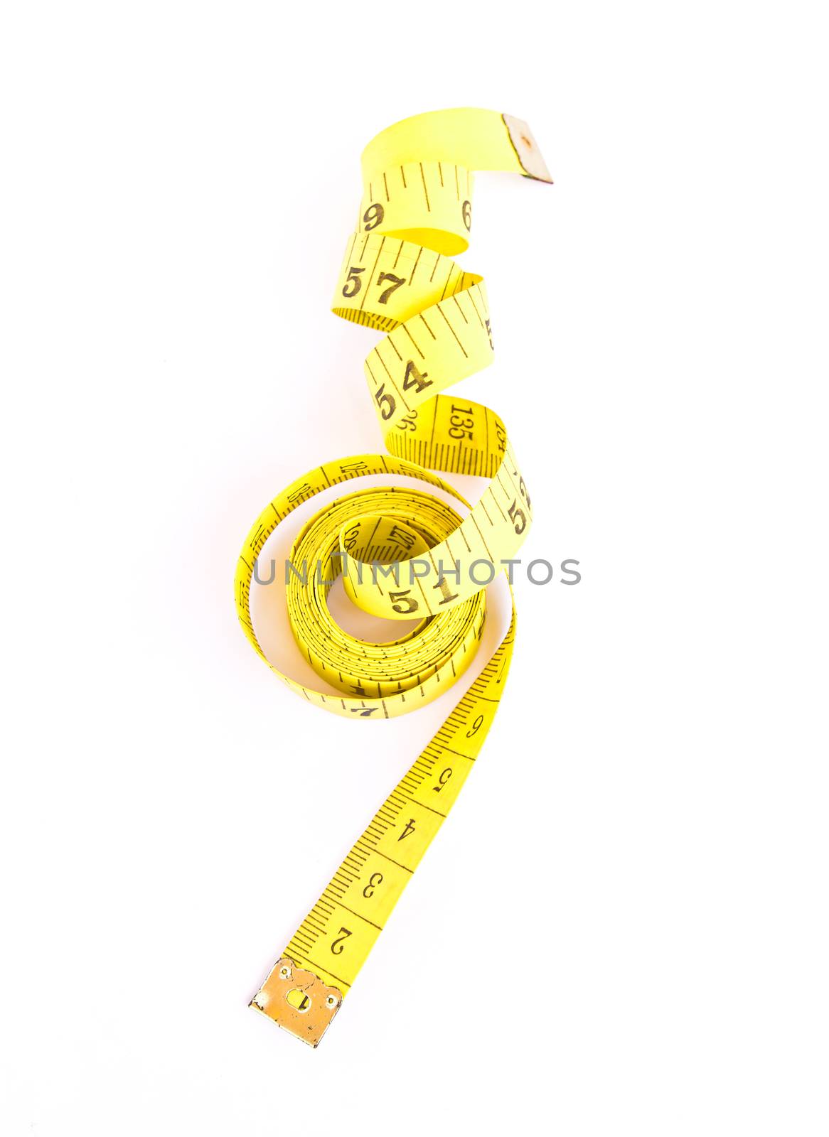 Yellow measure tape isolated on white background