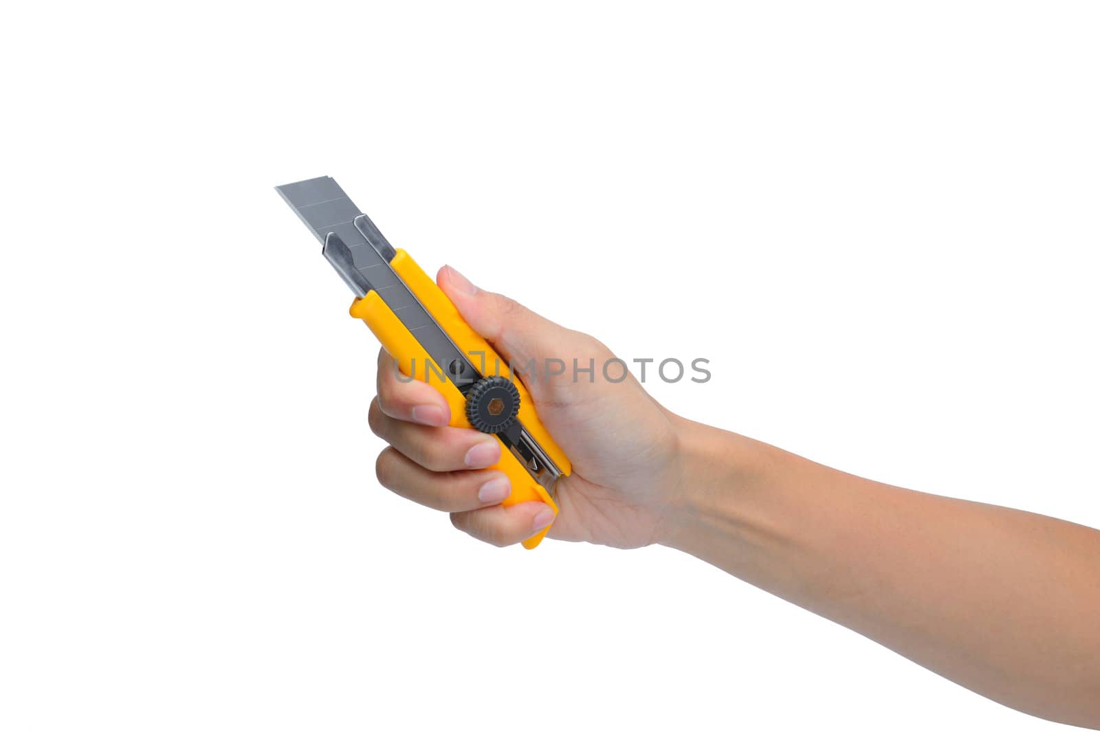 woman hand holding box cutter knife isolated on white background