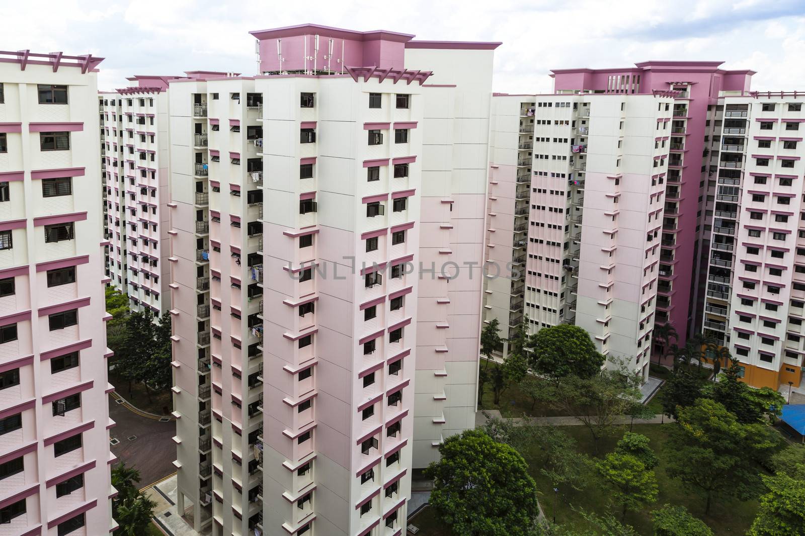 A high angle view of a residential estate with pink color theme- Singapore
