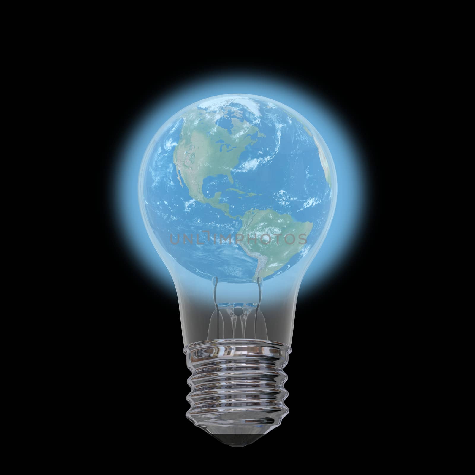 Planet Earth inside lightbulb isolated on black background