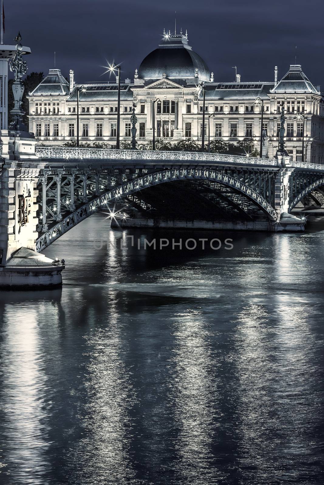 View of famous bridge and University in Lyon by night 