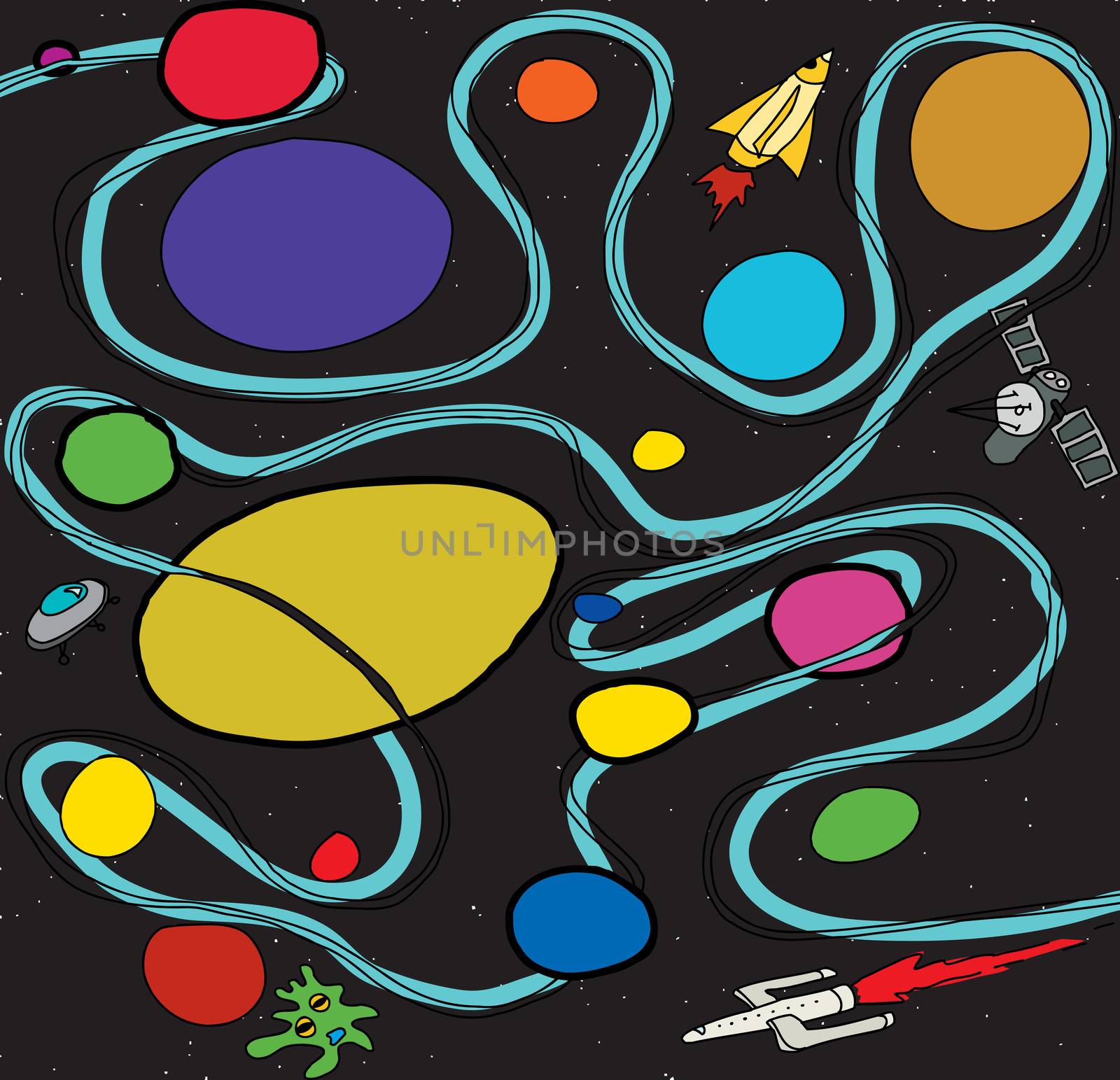 Doodle outer space scene with ships and planets