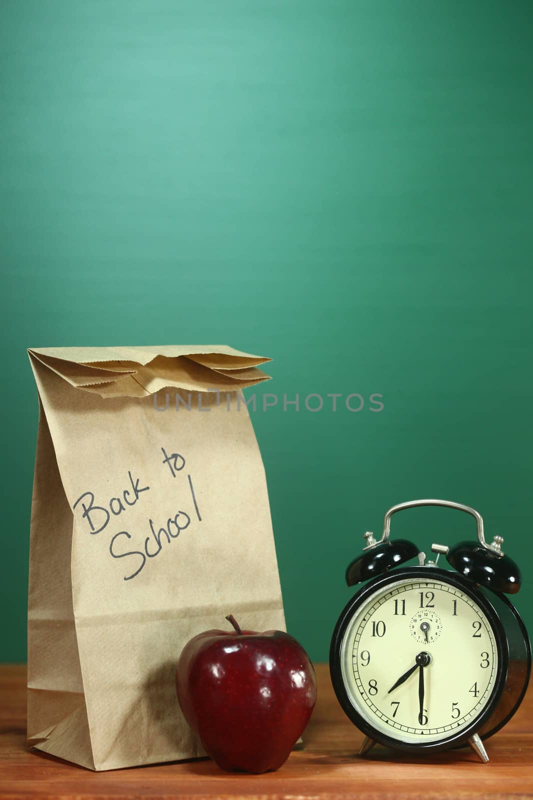 Back to School Lunch, Apple and Clock on Desk