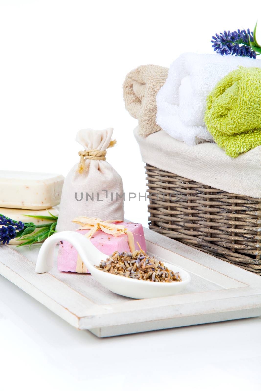 toiletries for relaxation - towel, soap, isolated on white background