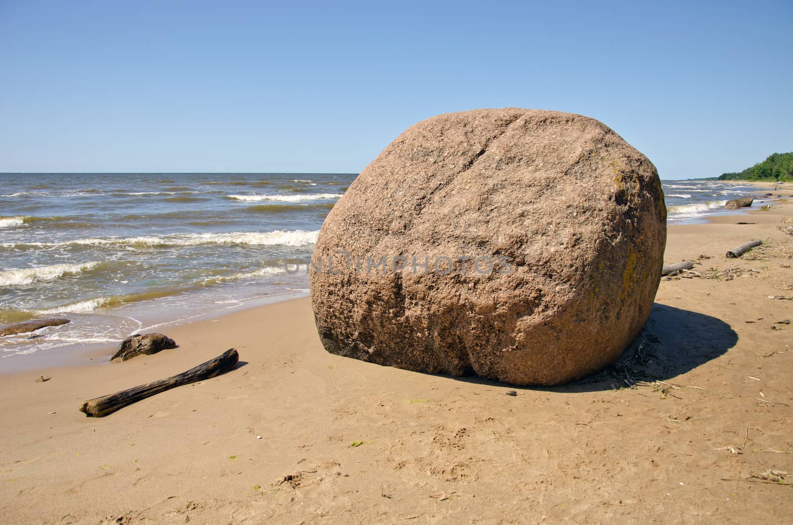 Laucu akmens stone in Latvia Baltic sea resorts near Riga. Riga bay