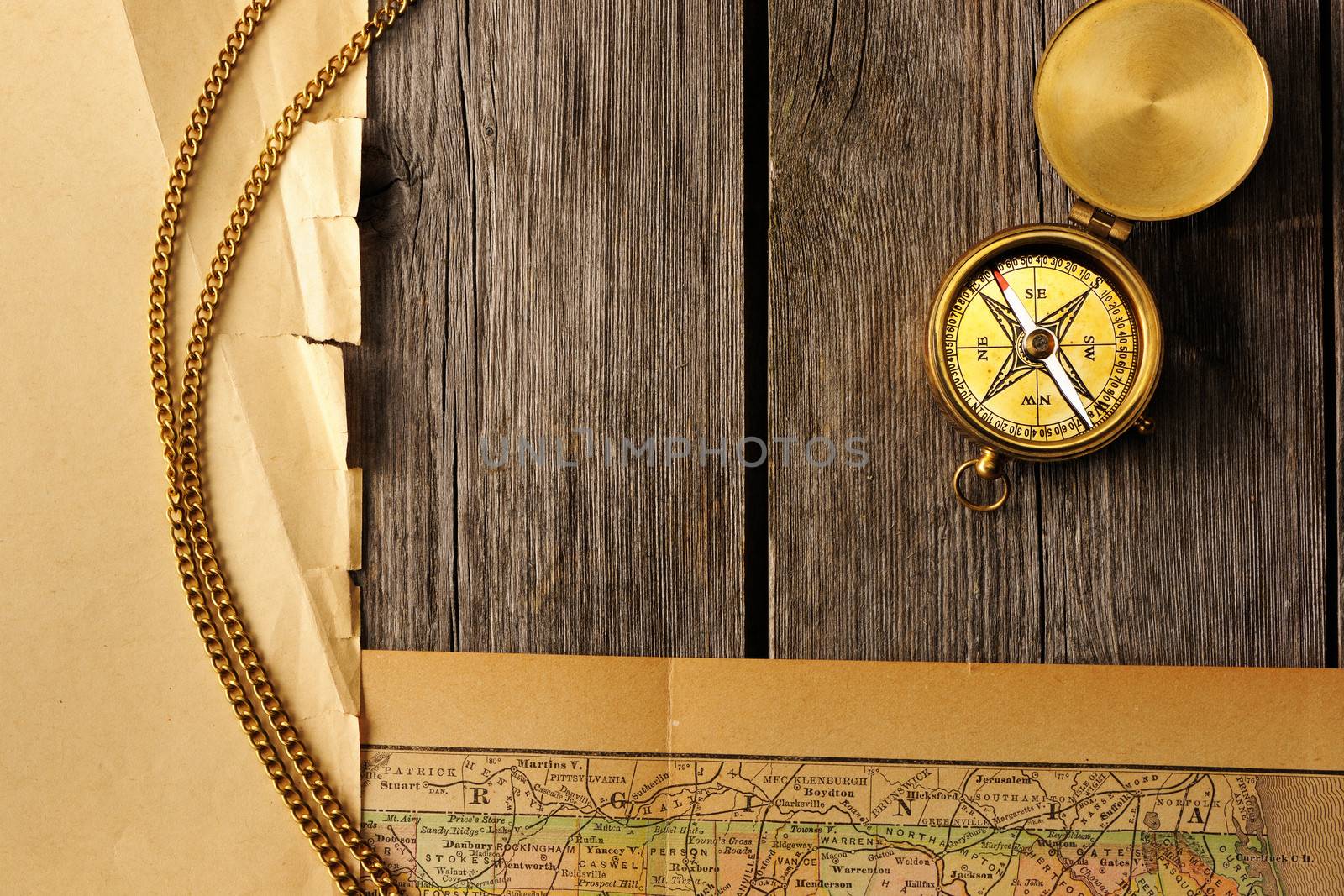 Antique brass compass over old map