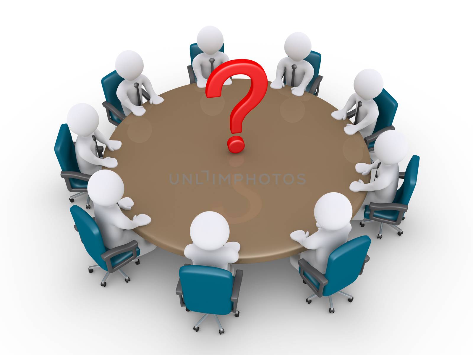 3d businessmen around table and a question mark in the middle