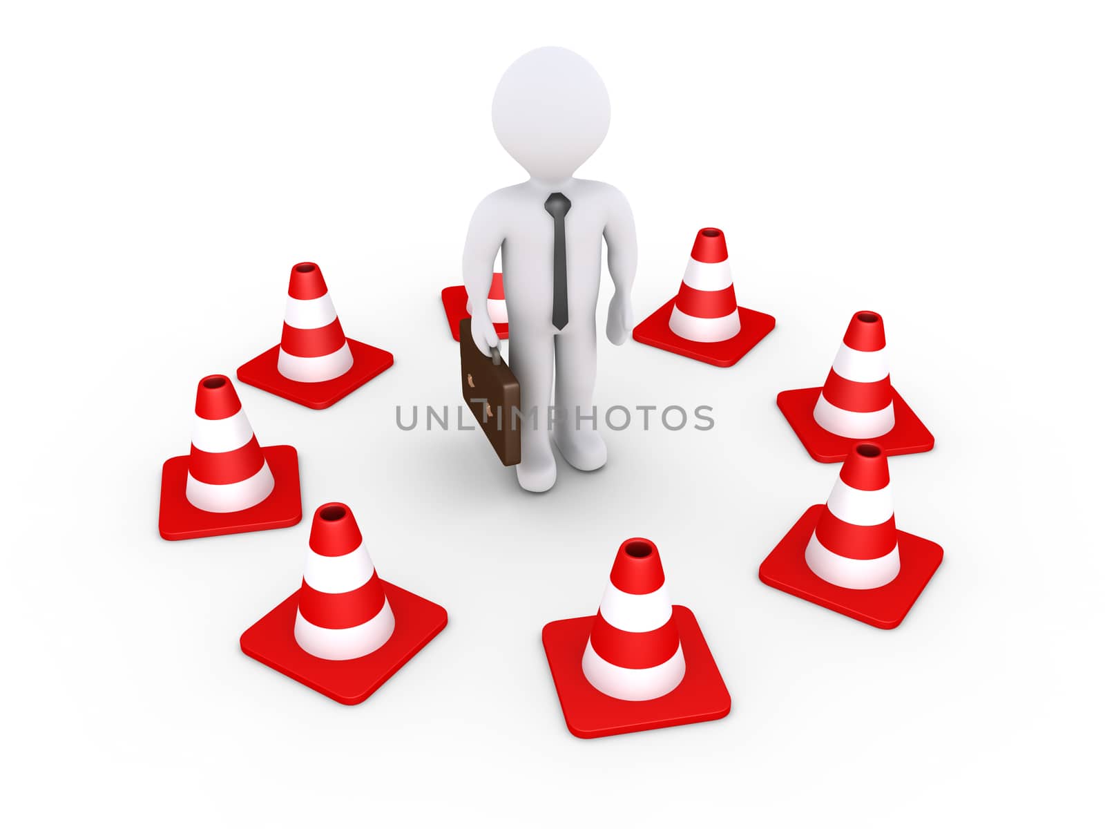 Businessman is isolated by traffic cones by 6kor3dos