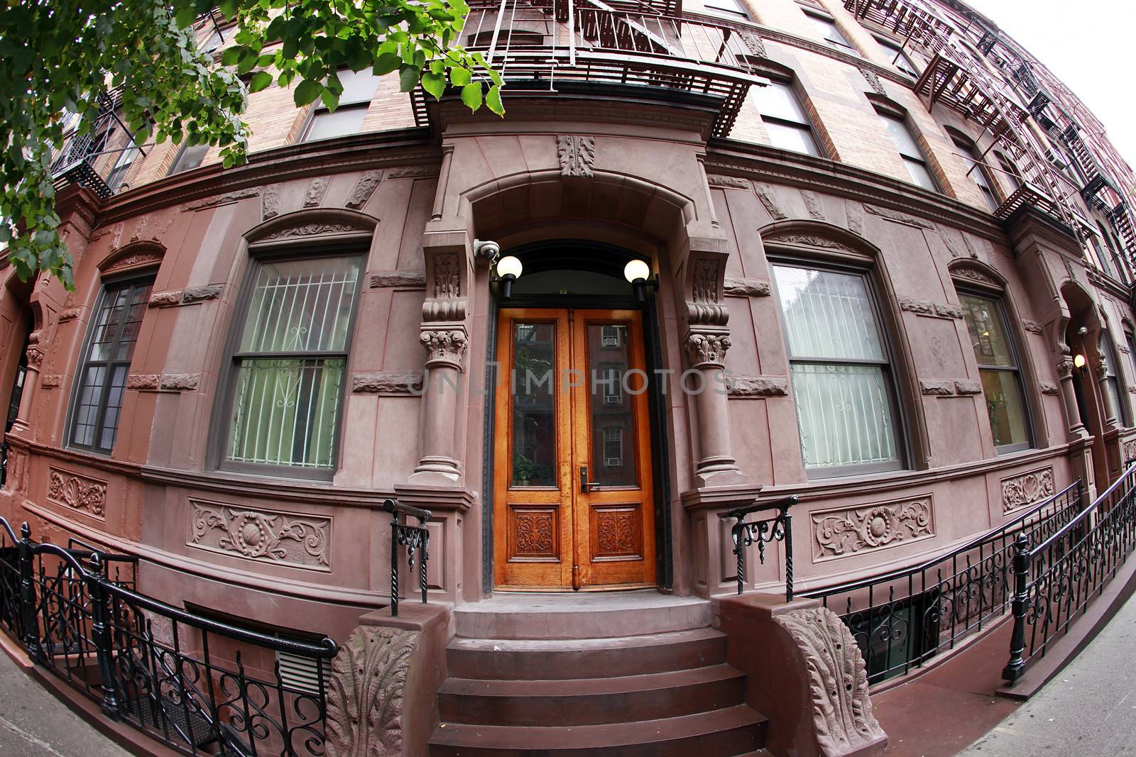 Limestone Building Steps leading to wood door entrance Manhattan New York