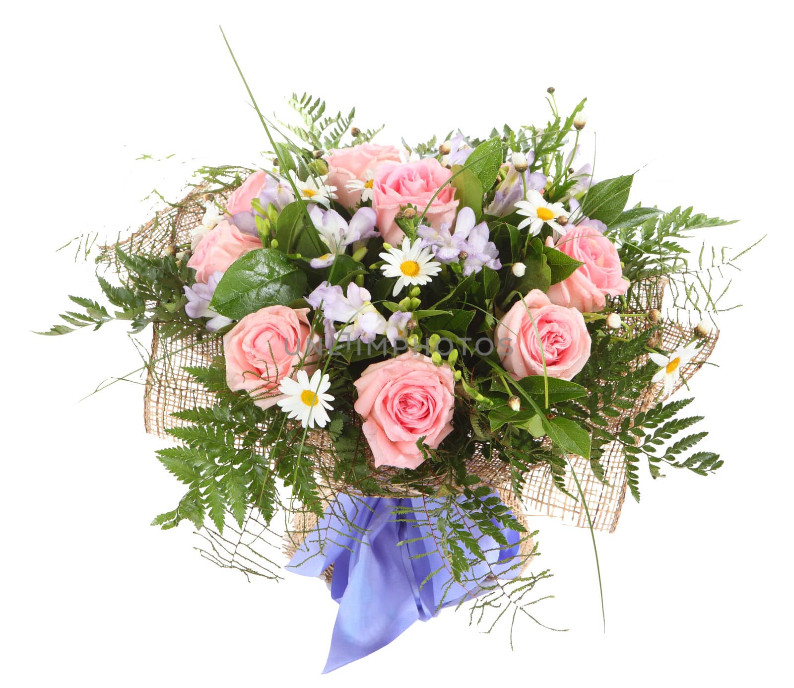 Floral arrangement, bouquet of white daisies and pink roses. Floral composition, Isolated image on white background.