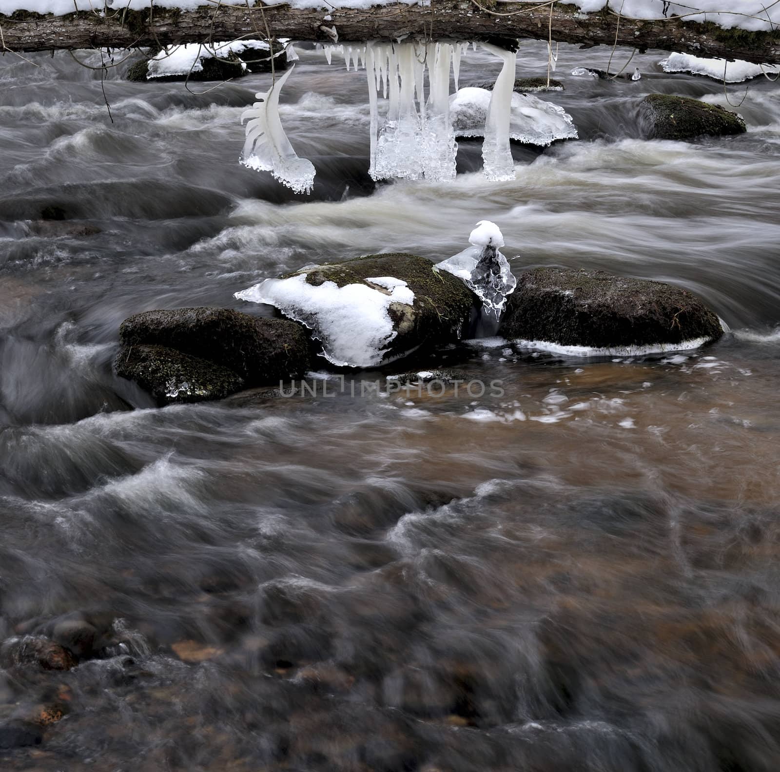 Winter river. Ice on a boulders, water stream
