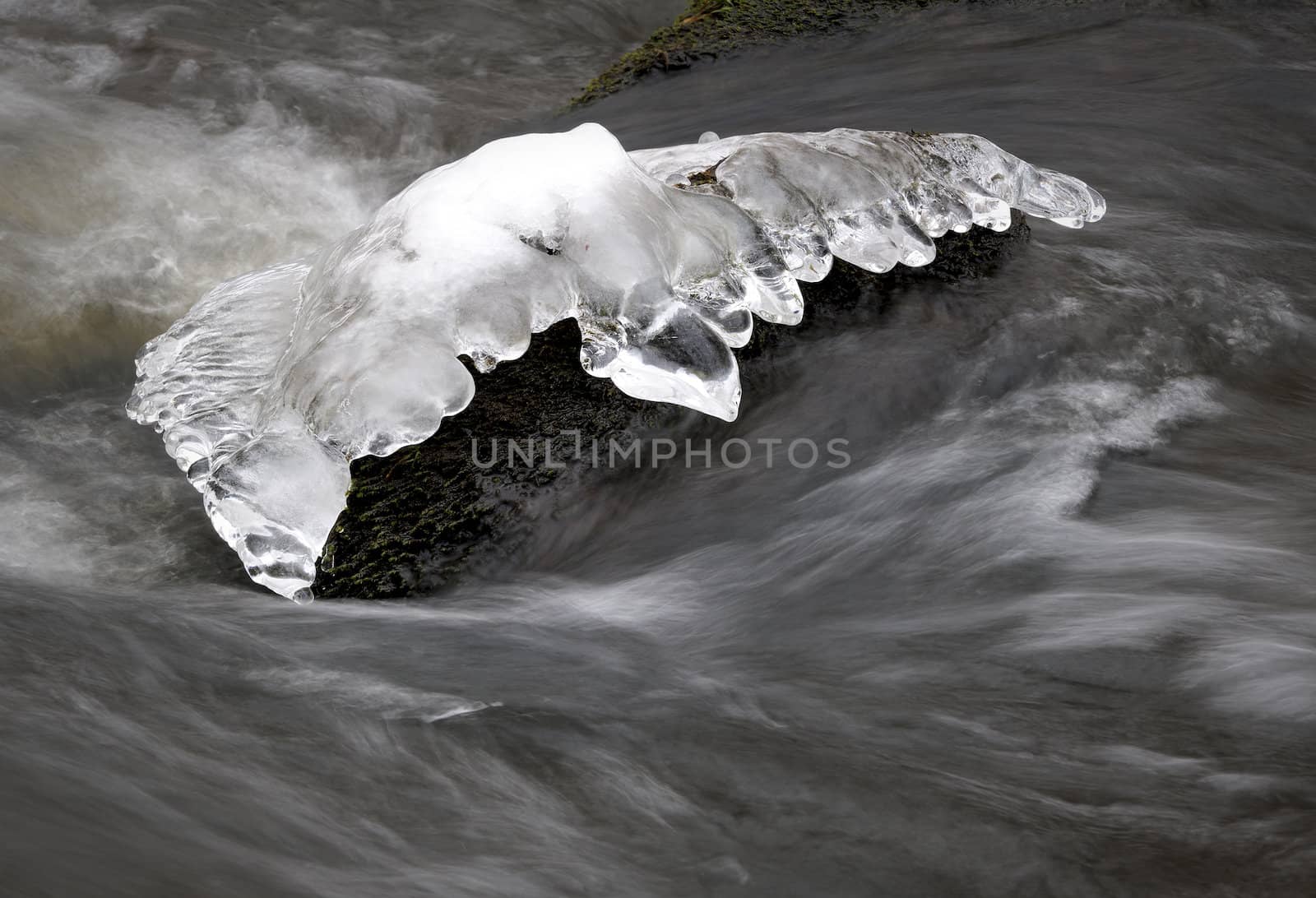 Winter river. Ice at water stream