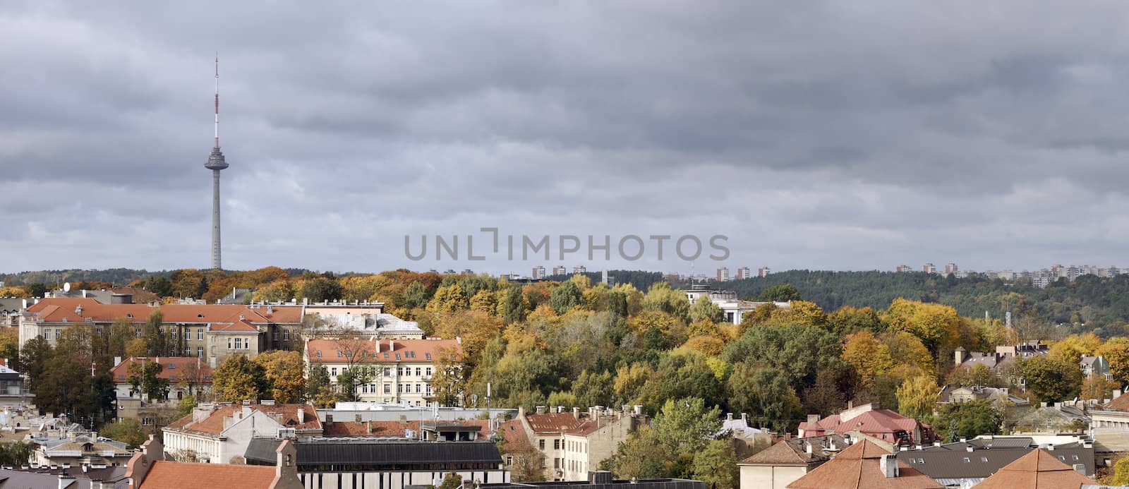 Panoramic view, Vilnius old town . Television tower. Autumn hills at a Vilnius 