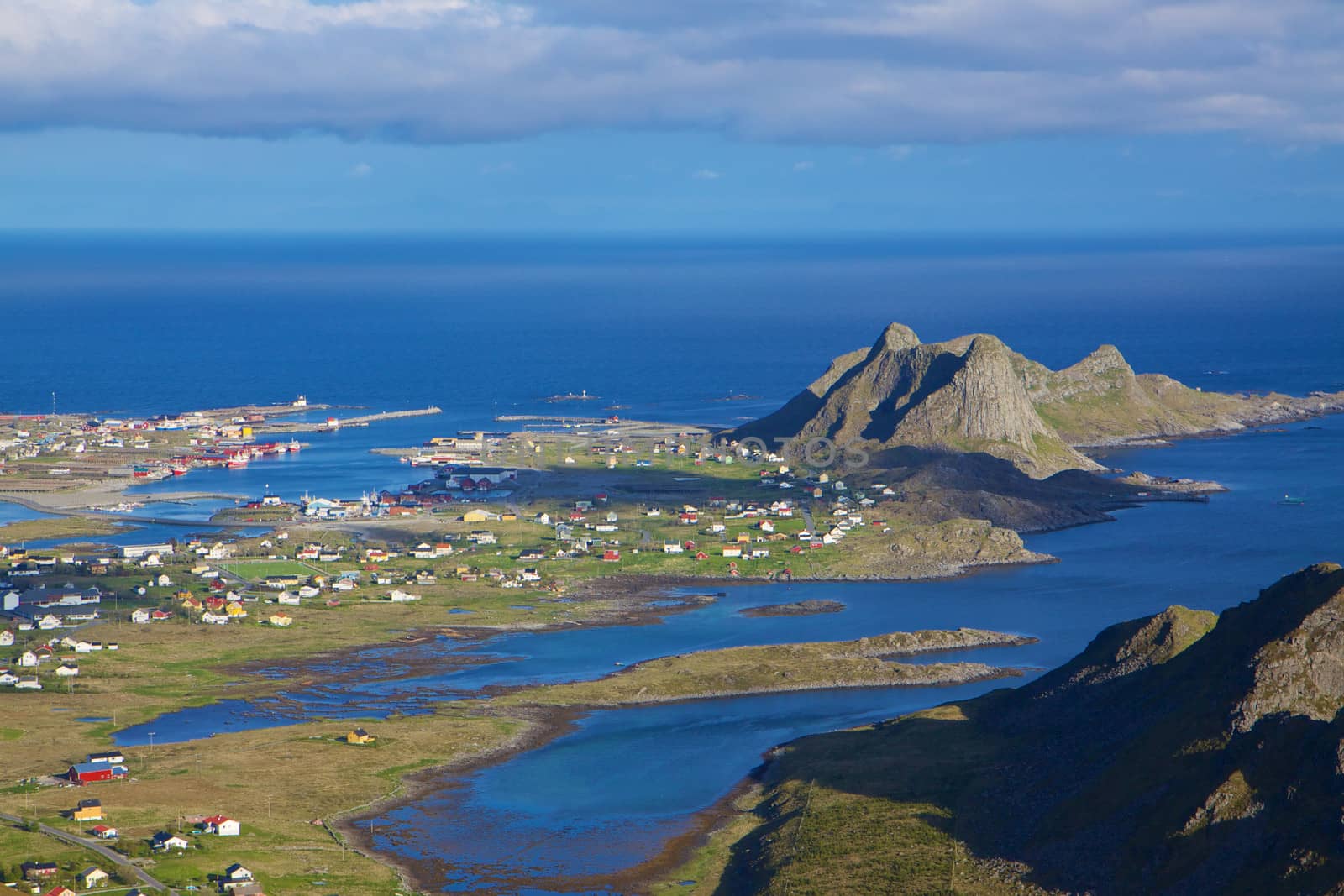 Aerial view of picturesque fishing port on Lofoten islands in Norway