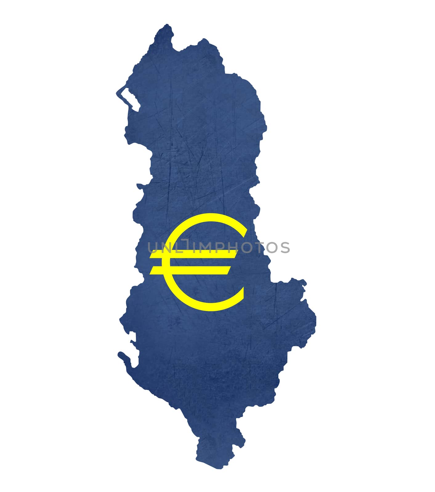 European currency symbol on map of Albania isolated on white background.