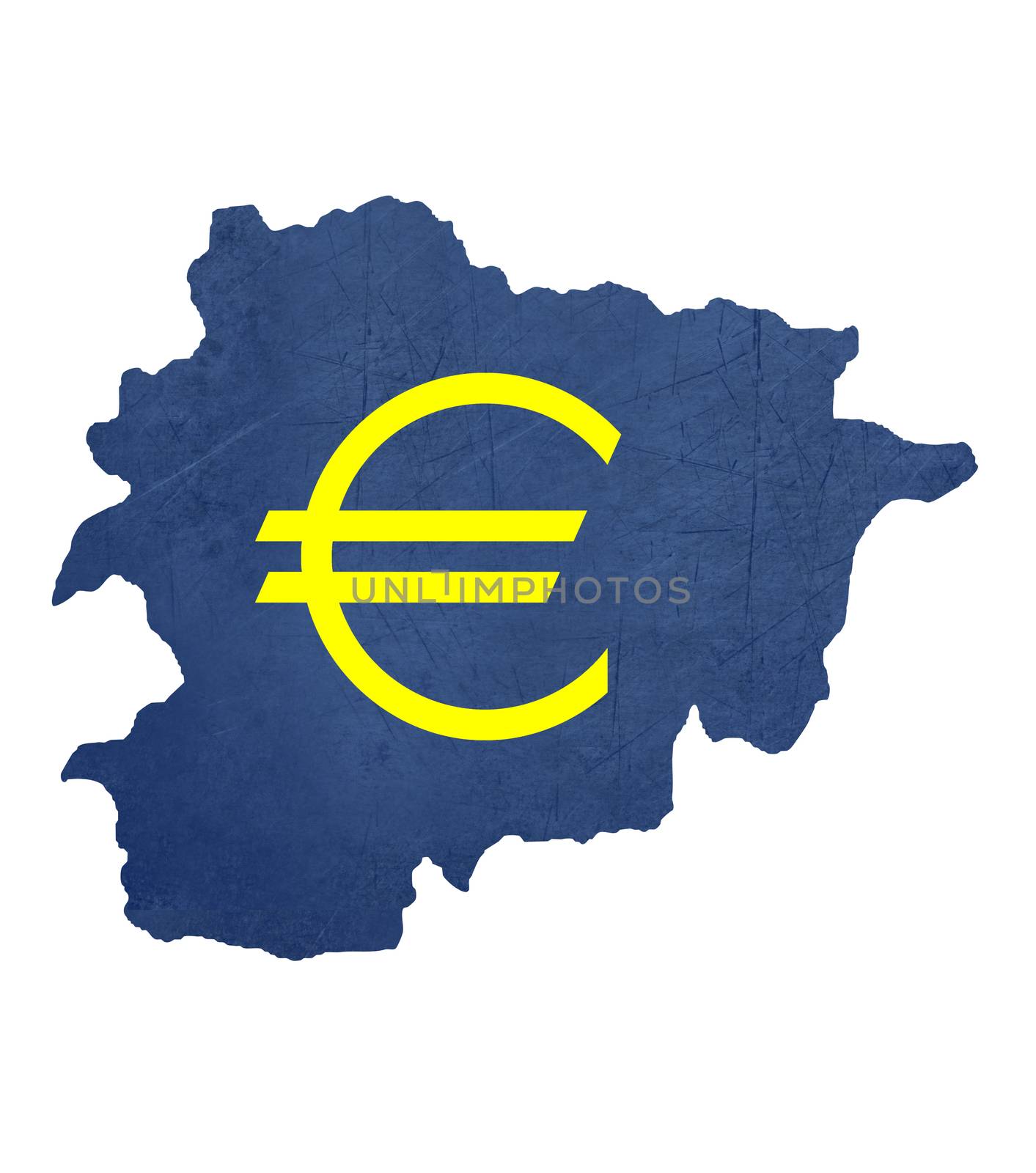European currency symbol on map of Andorra isolated on white background.