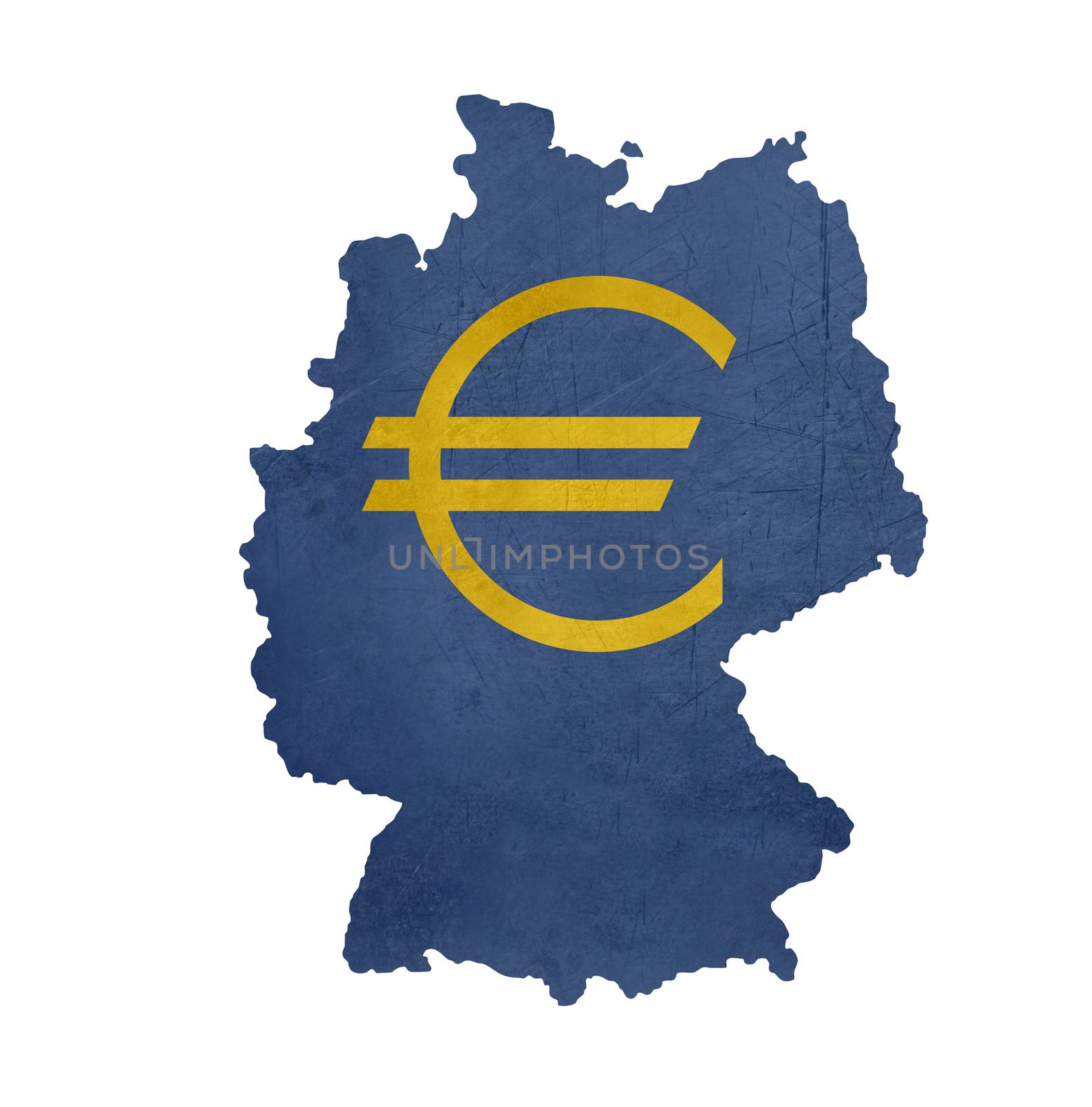 European currency symbol on map of Germany isolated on white background.