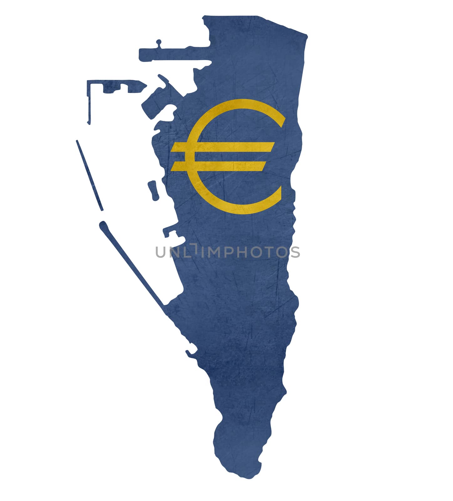 European currency symbol on map of Gibraltar isolated on white background.