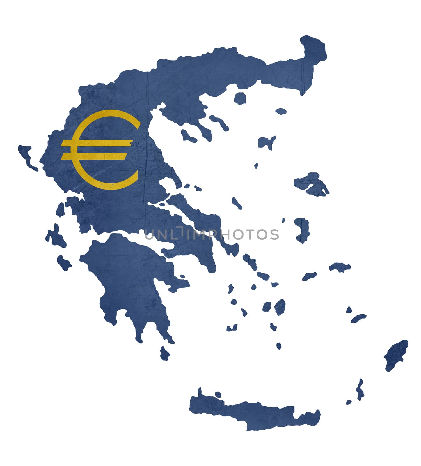 European currency symbol on map of Greece isolated on white background.