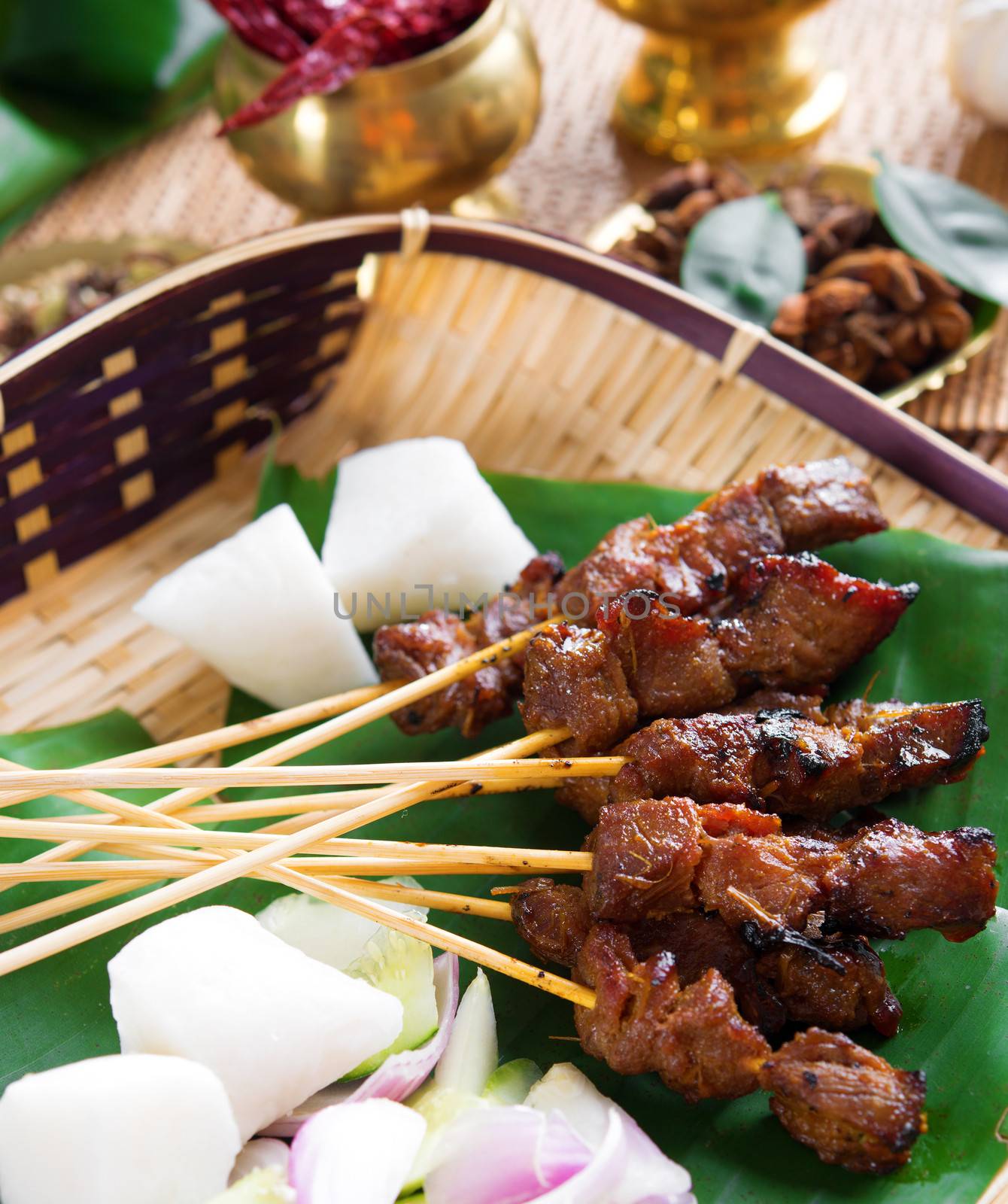 Beef satay, roasted meat skewer Malay food. Traditional Malaysia food. Hot and spicy Malaysian dish, Asian cuisine.