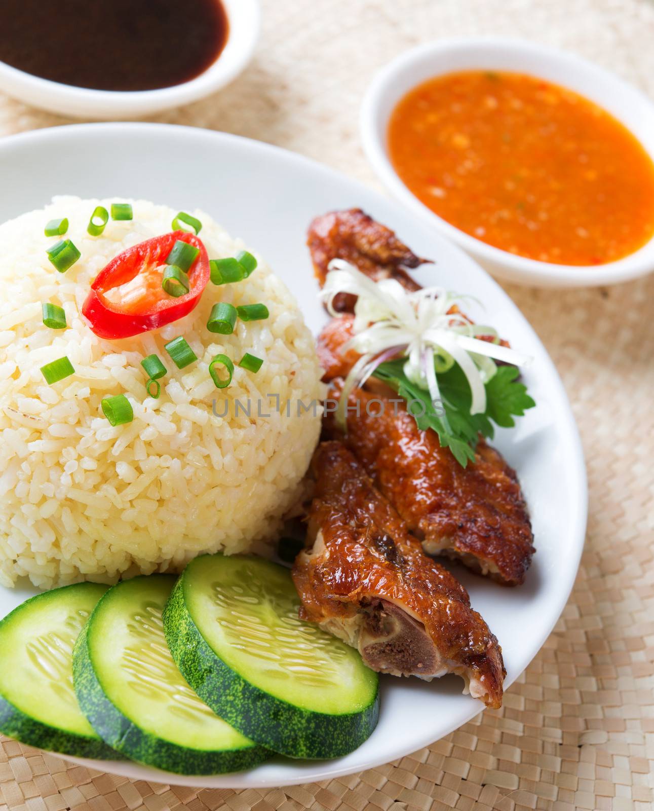 Singapore chicken rice. Asian style Hainan chicken rice close-up. Asian food.