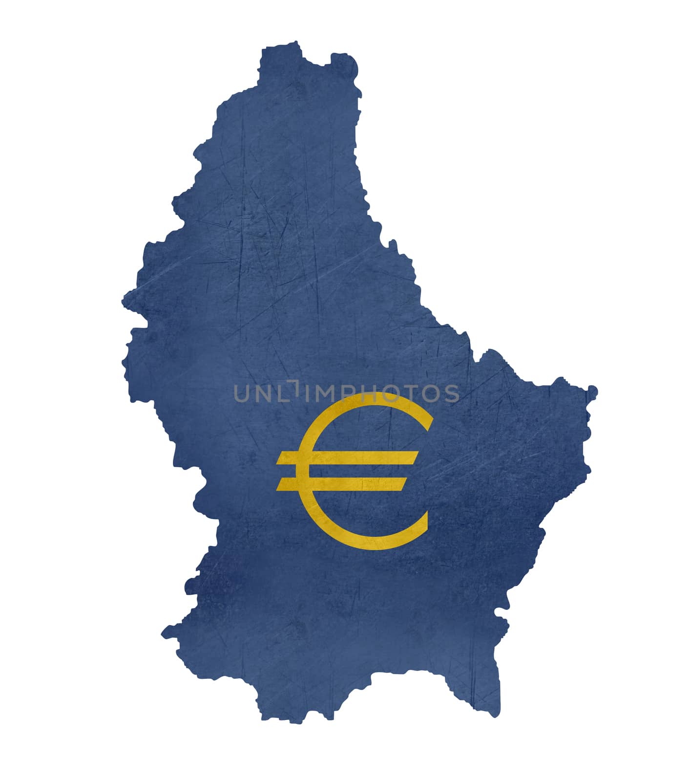 European currency symbol on map of Luxembourg isolated on white background.