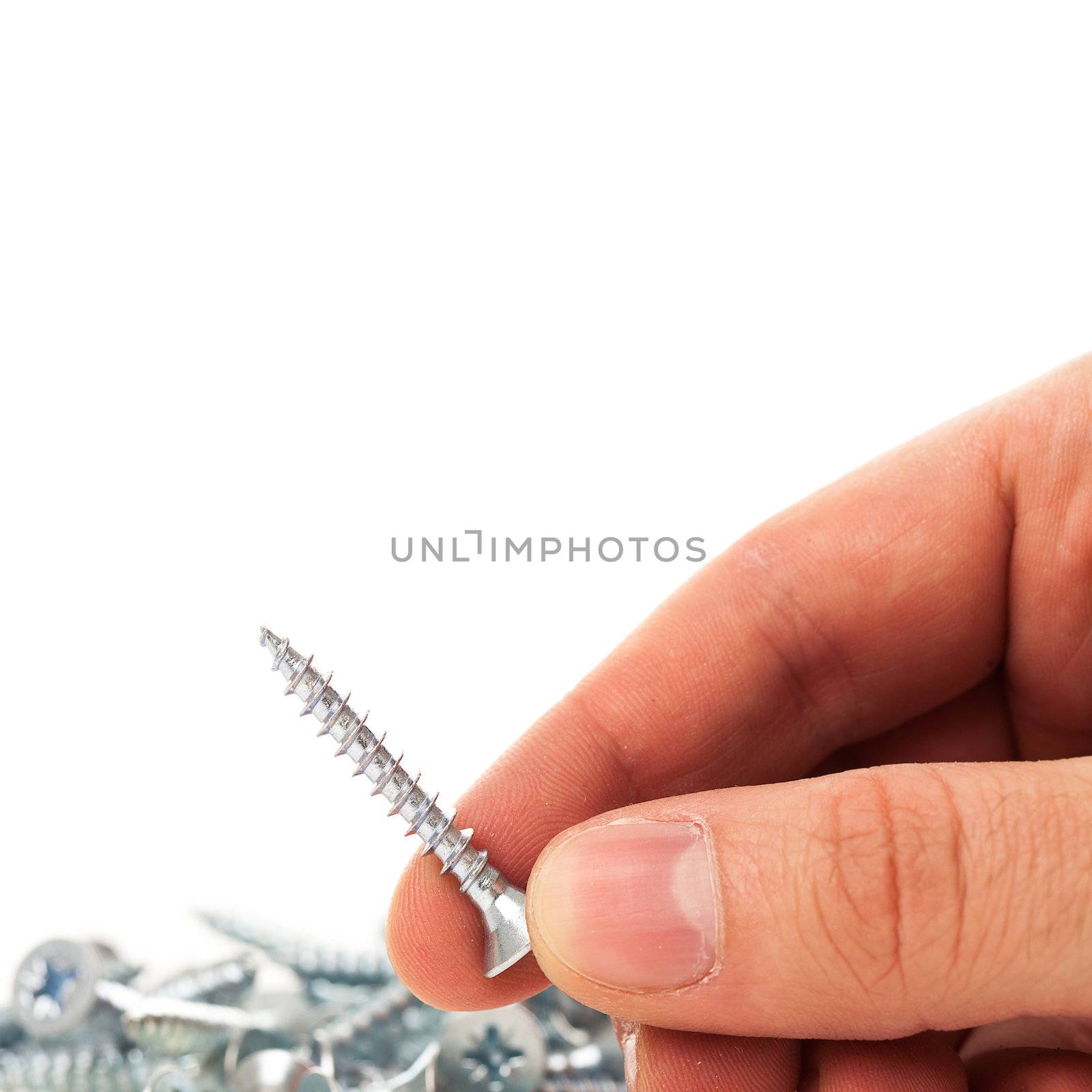 New silver nails in white human hand