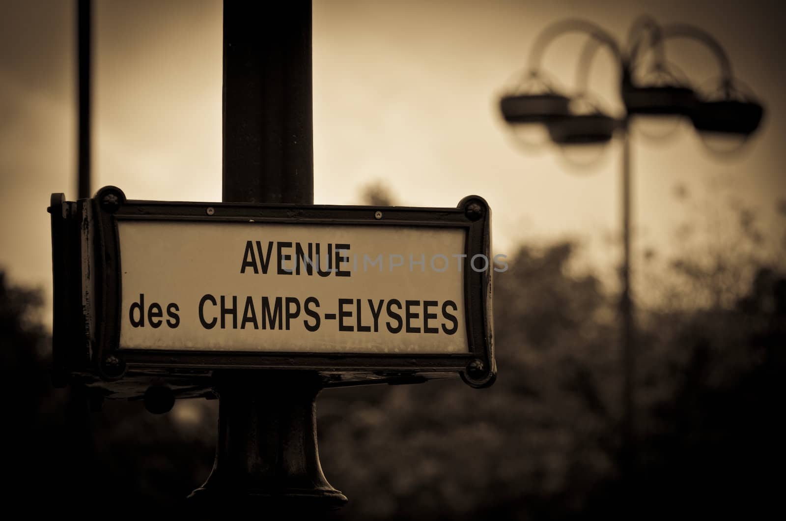 Avenue des Champs-Elysees sign on a lamp post in sepia