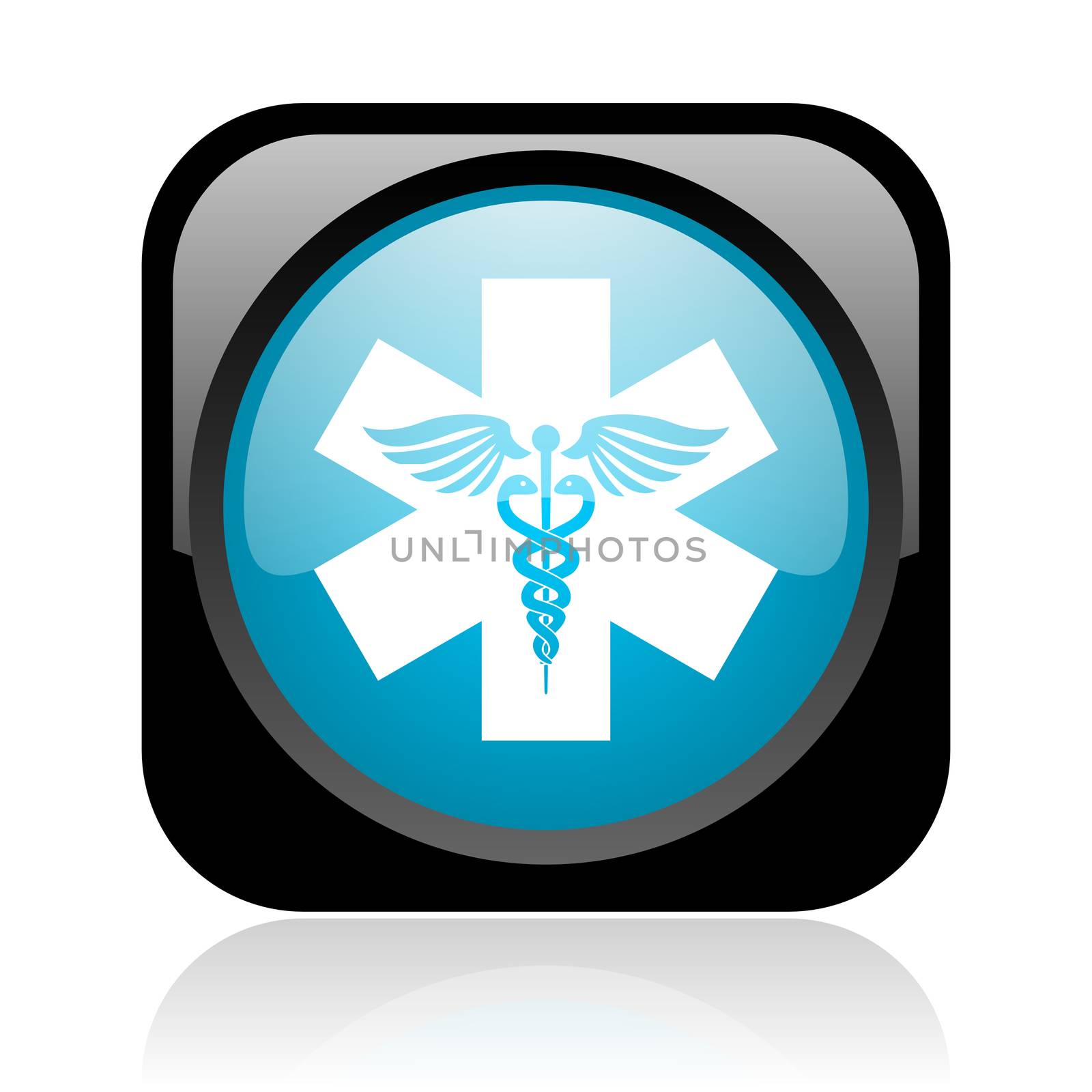 caduceus black and blue square web glossy icon