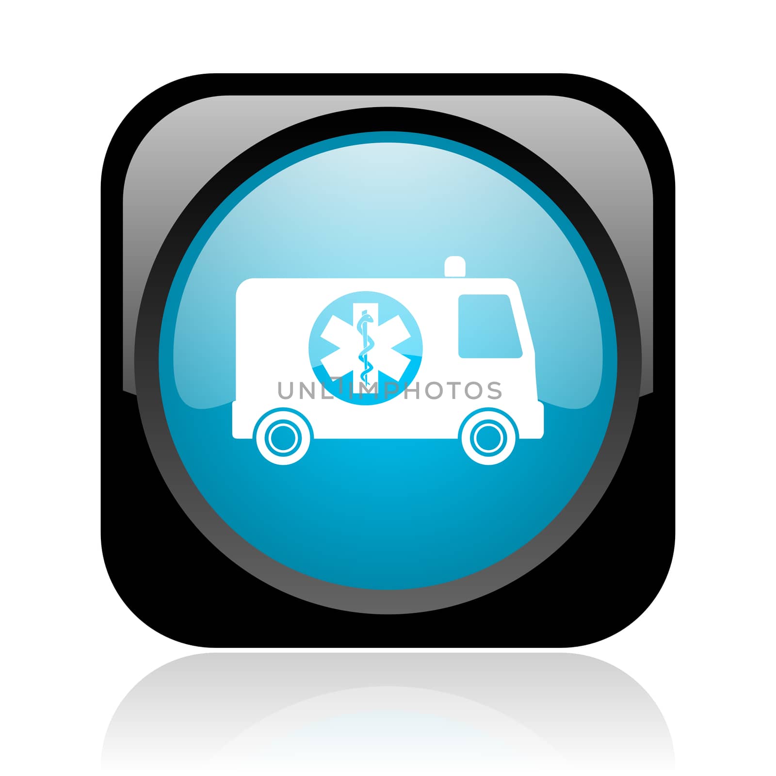 ambulance black and blue square web glossy icon
