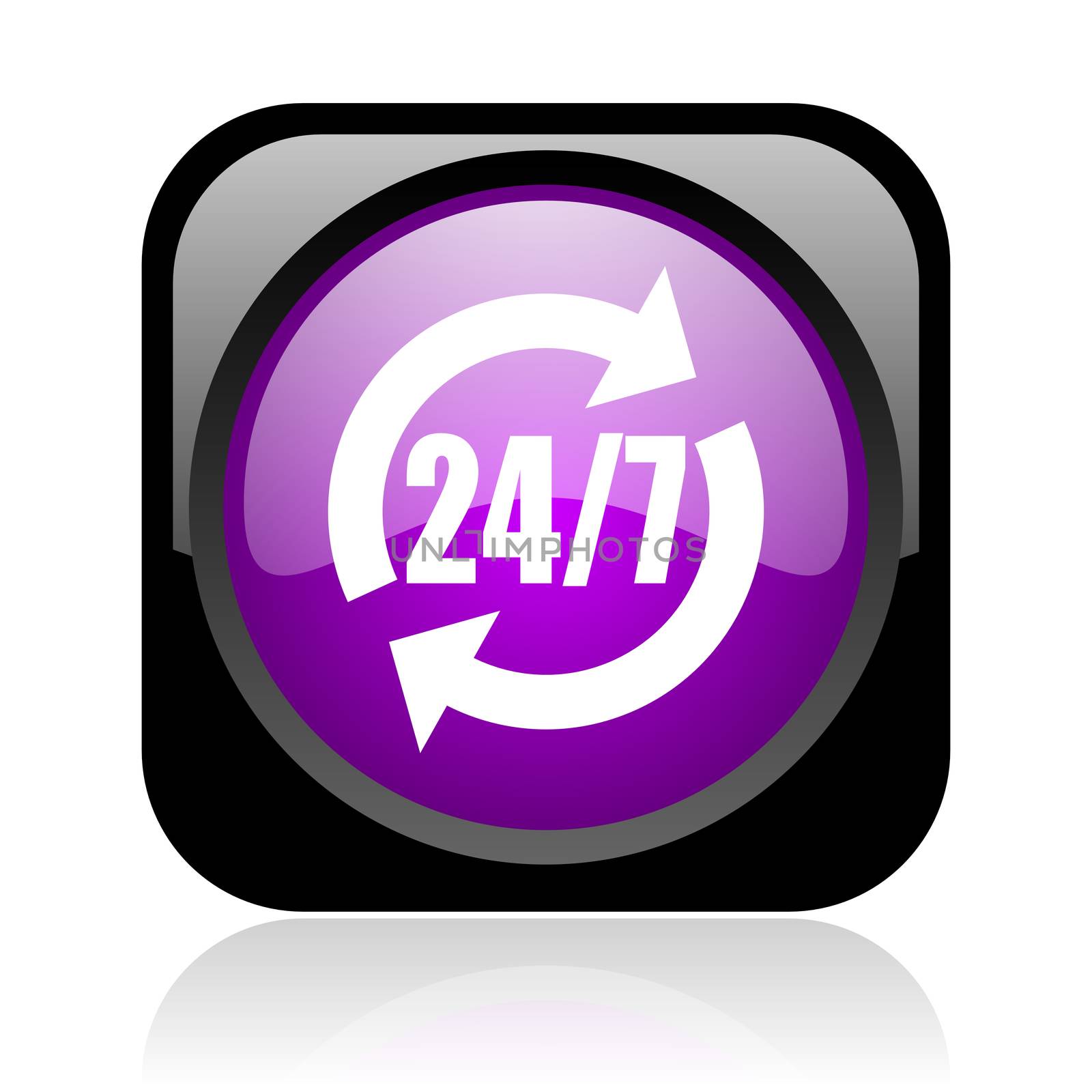 24/7 service black and violet square web glossy icon