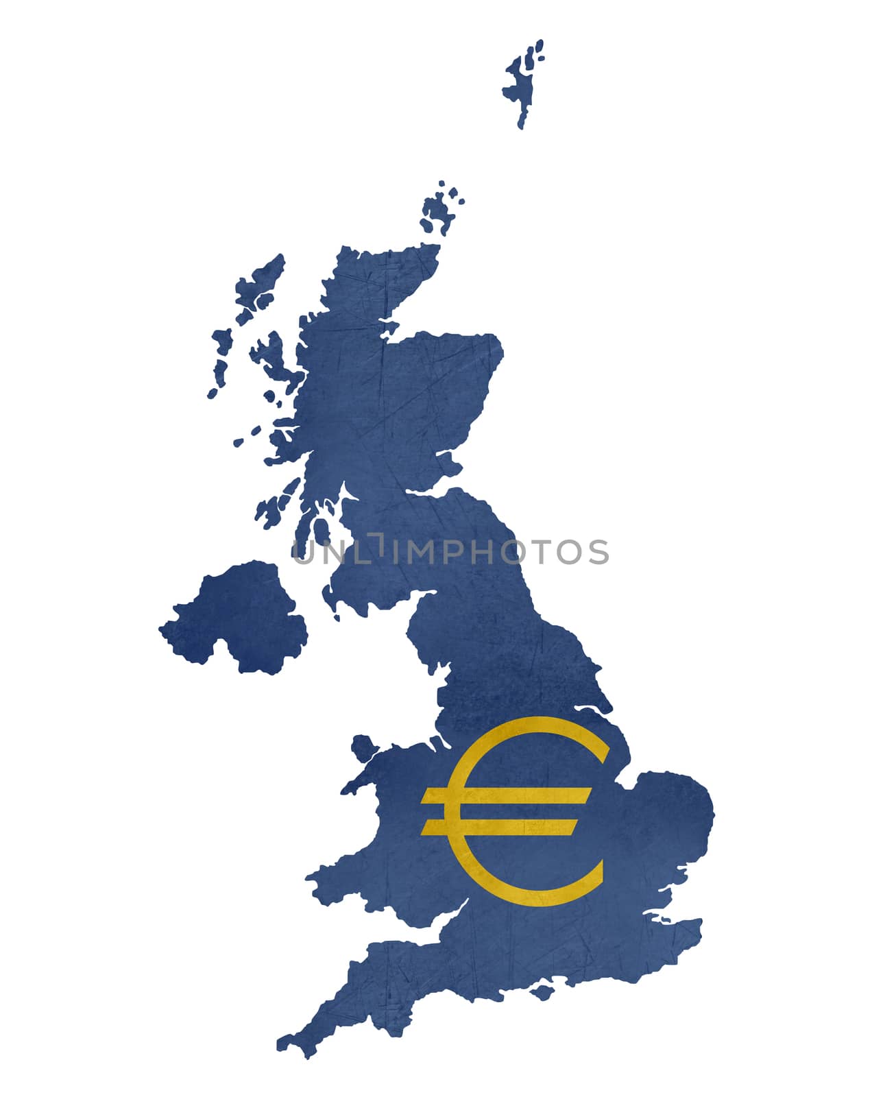 European currency symbol on map of United Kingdom isolated on white background.