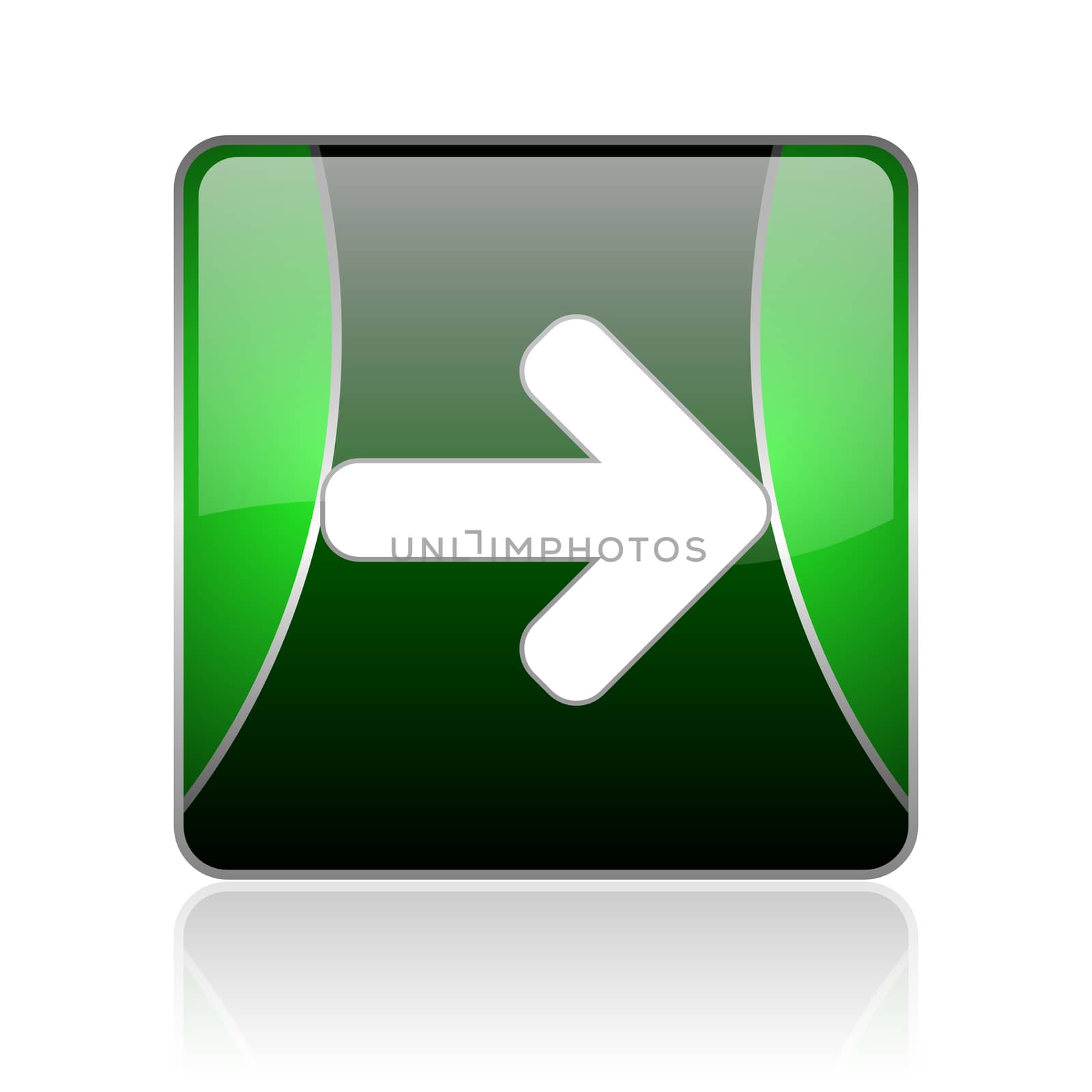black and green square glossy internet icon on white background with reflaction