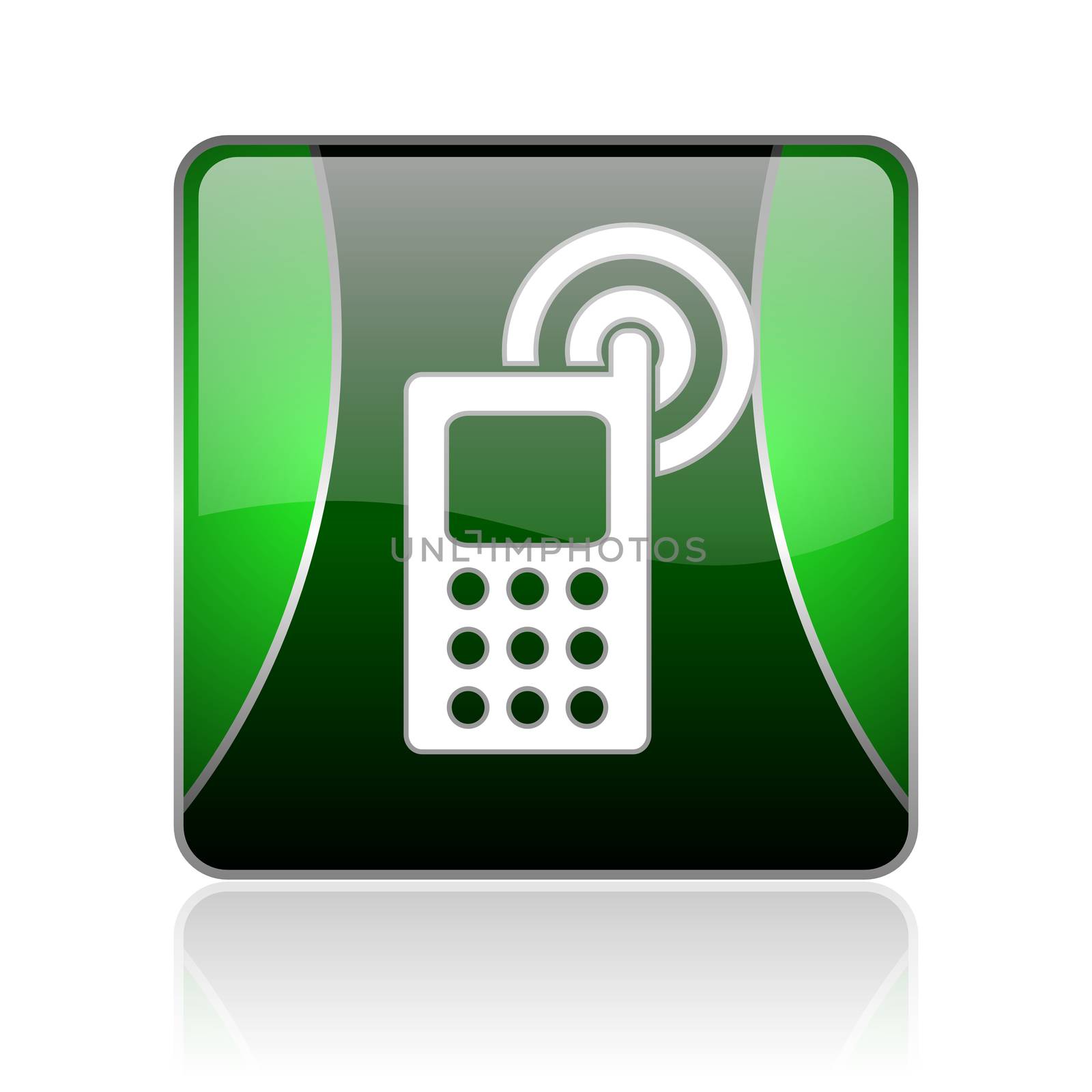 black and green square glossy internet icon on white background with reflaction