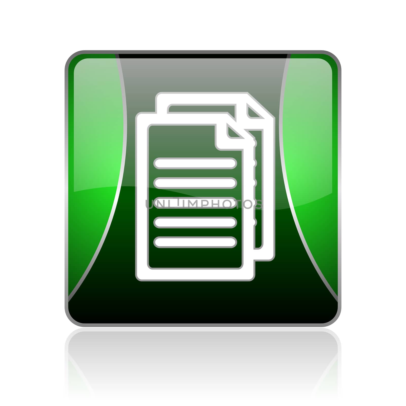 black and green square glossy internet icon on white background with reflaction