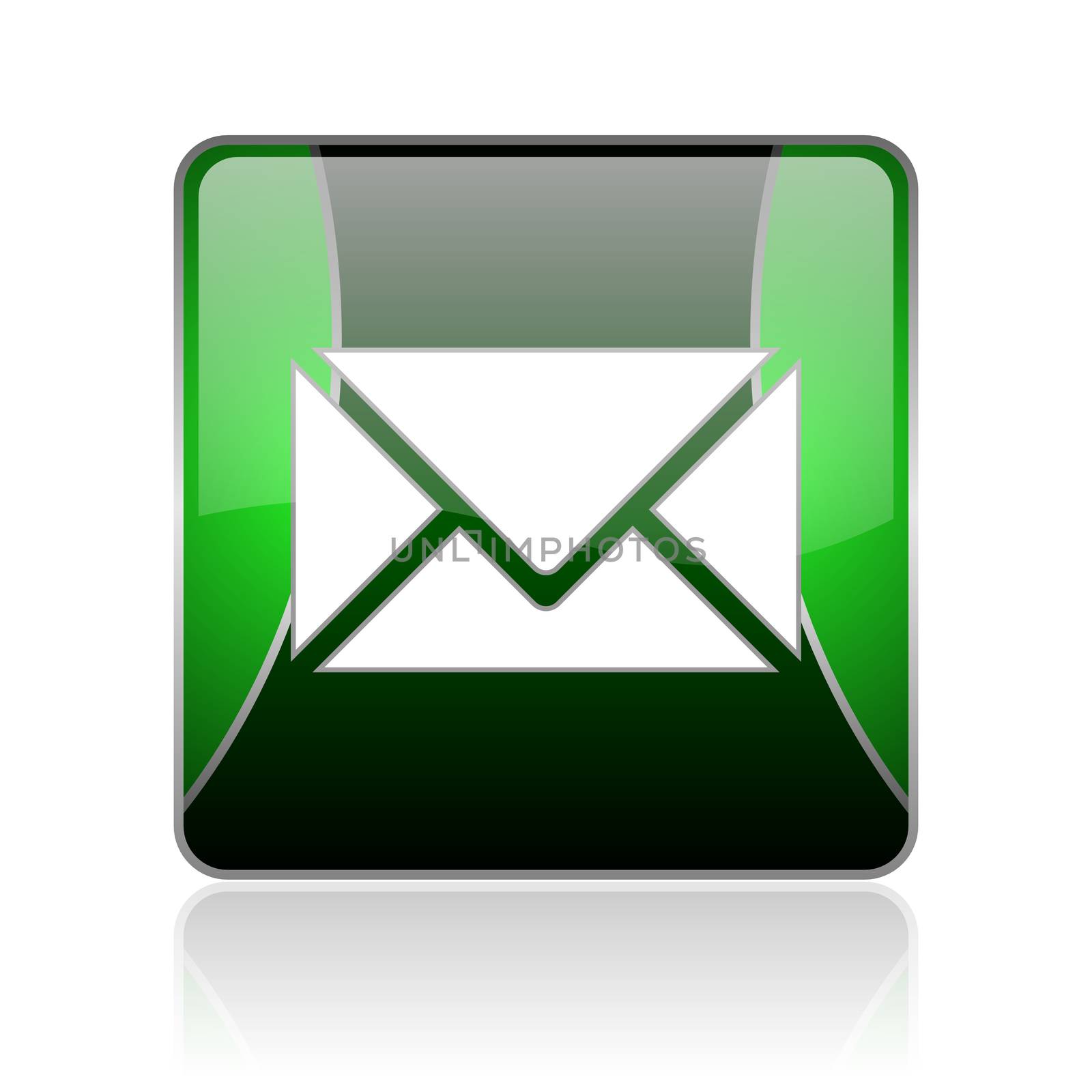 black and green square glossy internet icon on white background with reflaction
