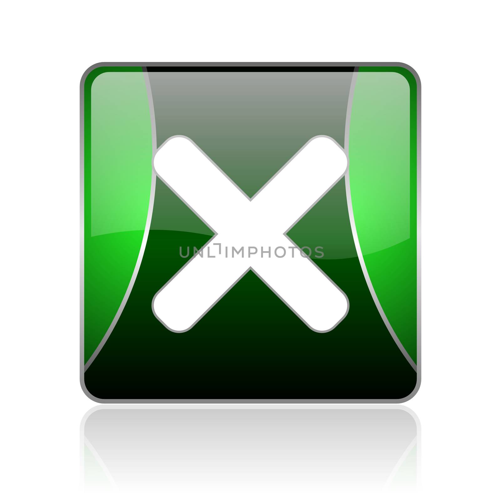 black and green square glossy internet icon on white background with reflaction