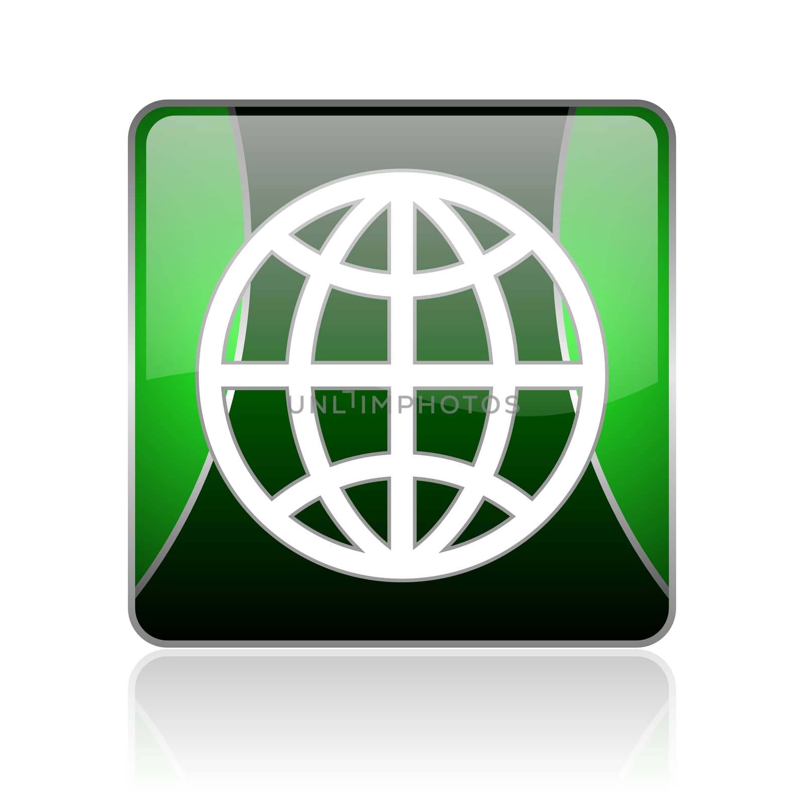 black and green square glossy internet icon on white background with reflaction