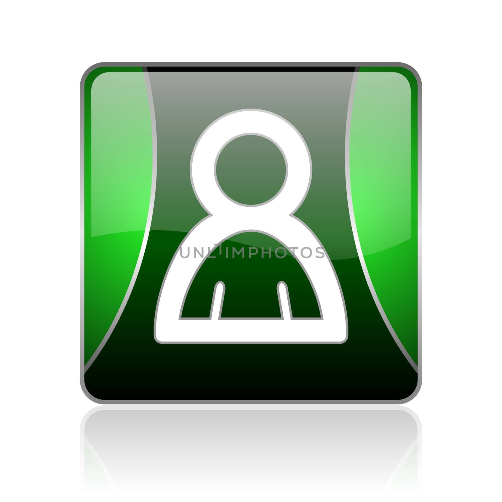 black and green square glossy internet icon on white background with reflaction