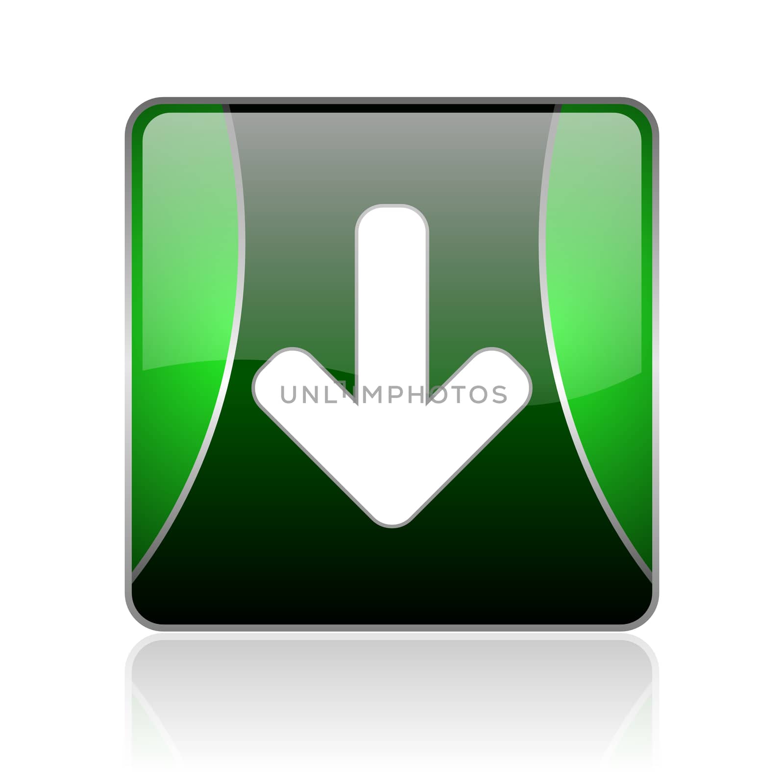 black and green square glossy internet icon on white background with reflaction