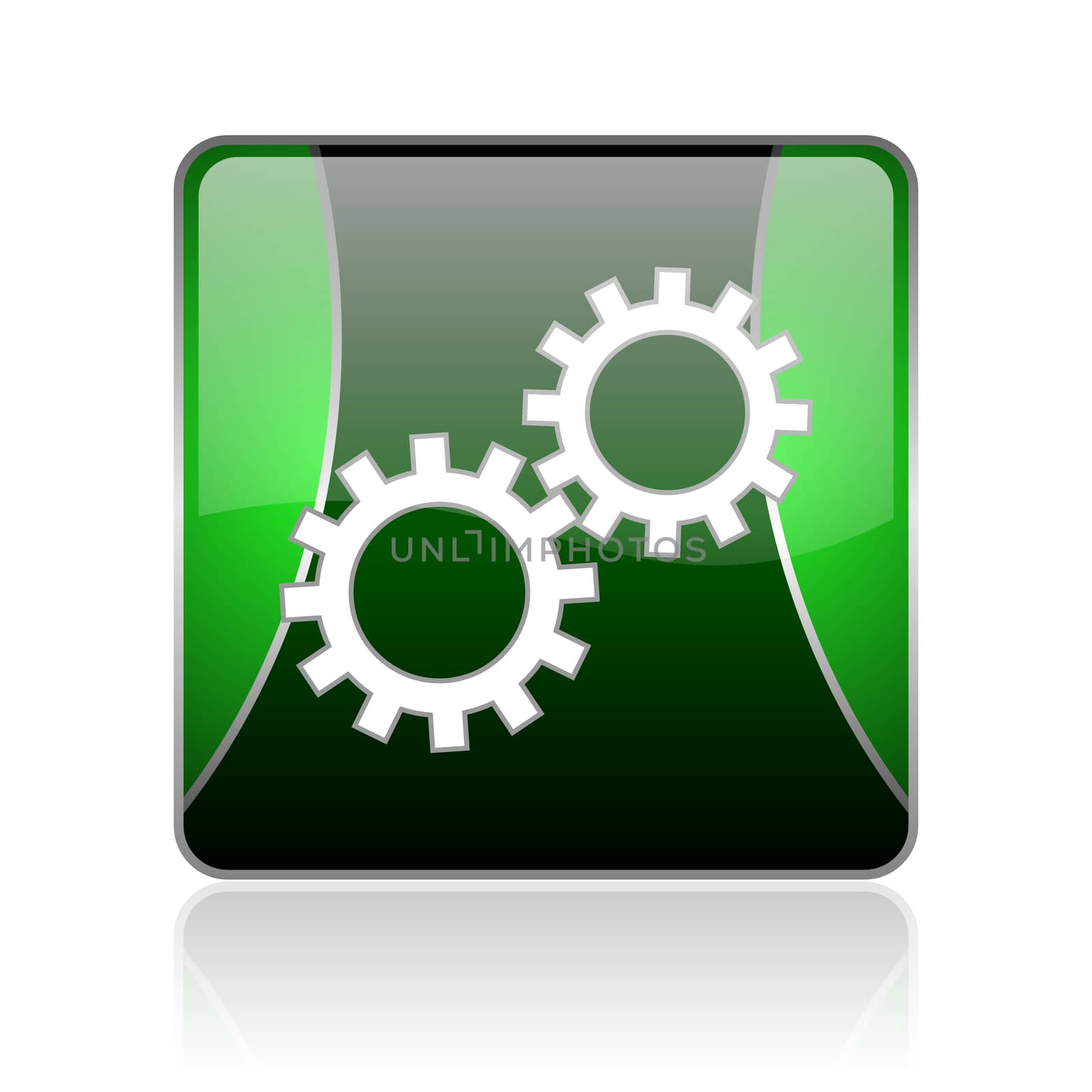 black and green square glossy internet icon on white background with reflaction