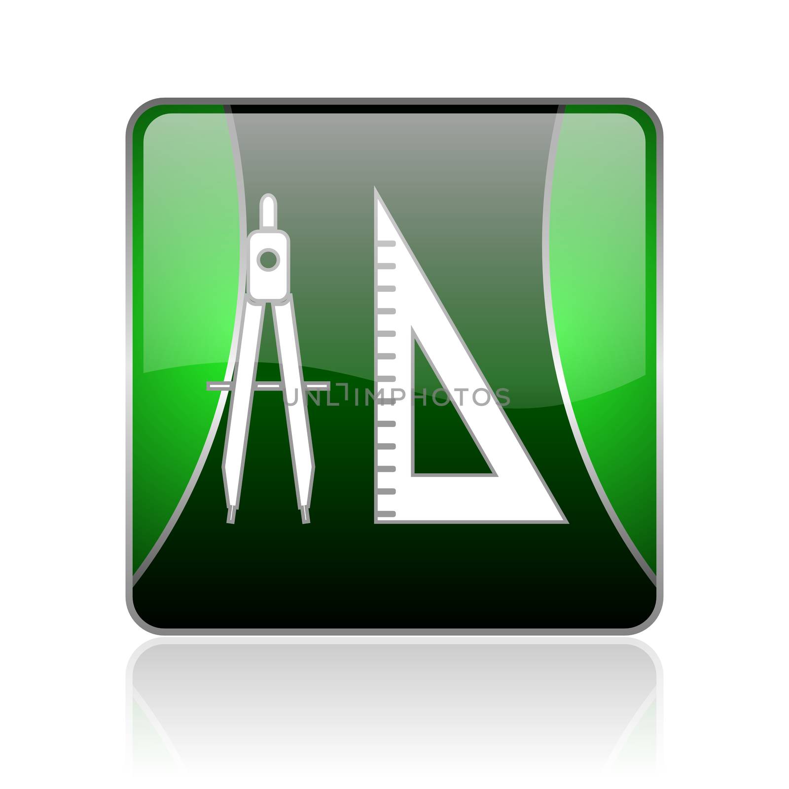 black and green square glossy internet icon on white background with reflaction