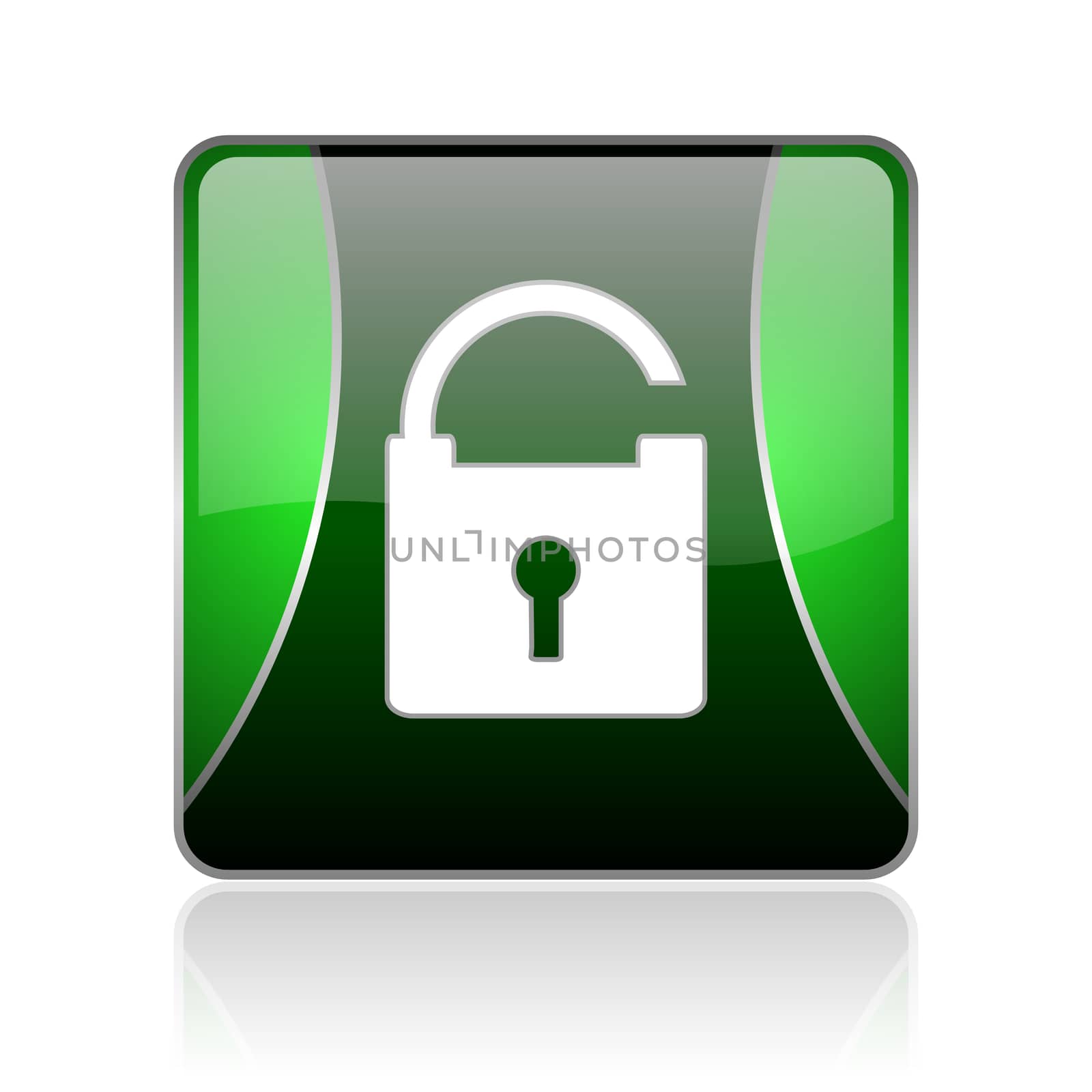 black and green square glossy internet icon on white background with reflaction