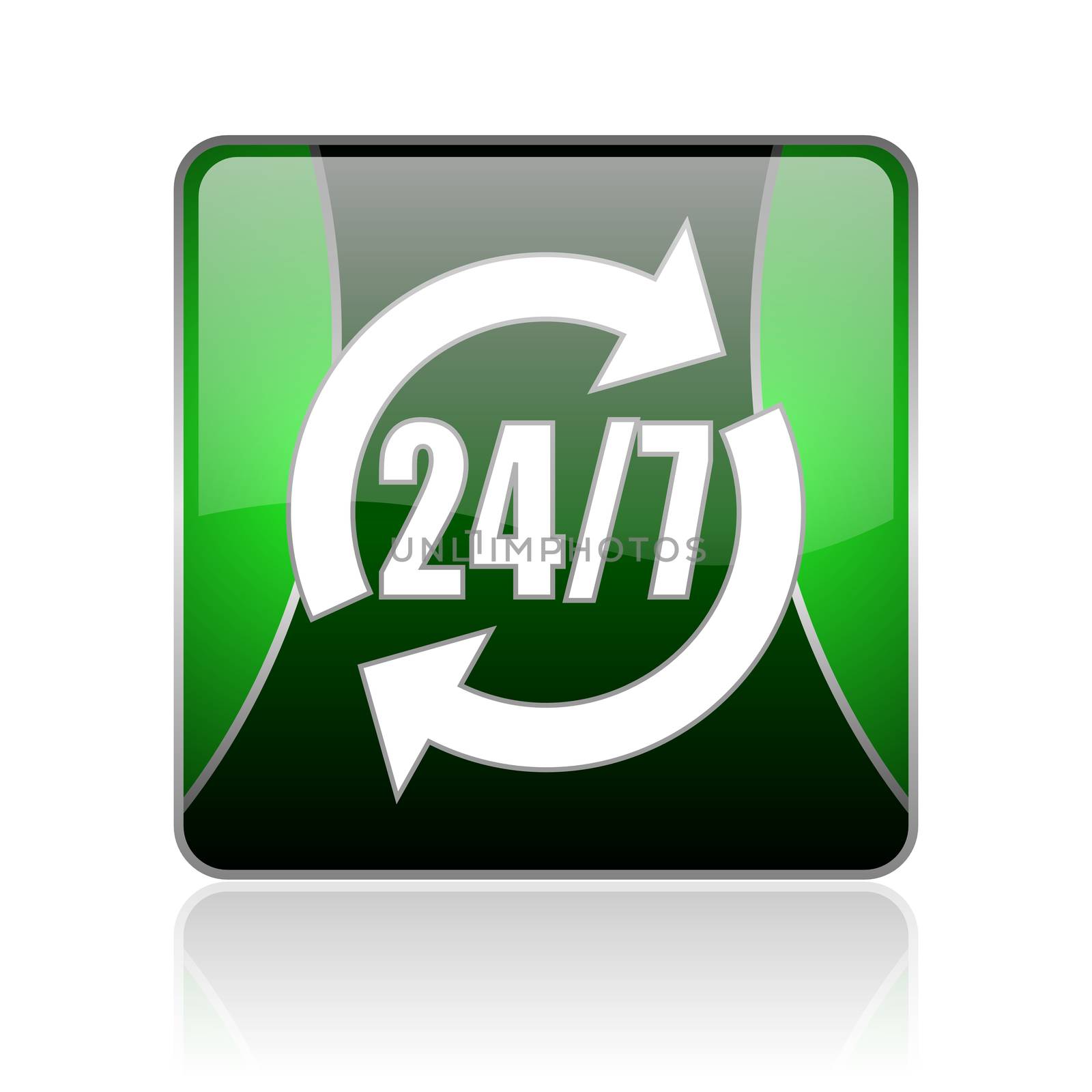 black and green square glossy internet icon on white background with reflaction