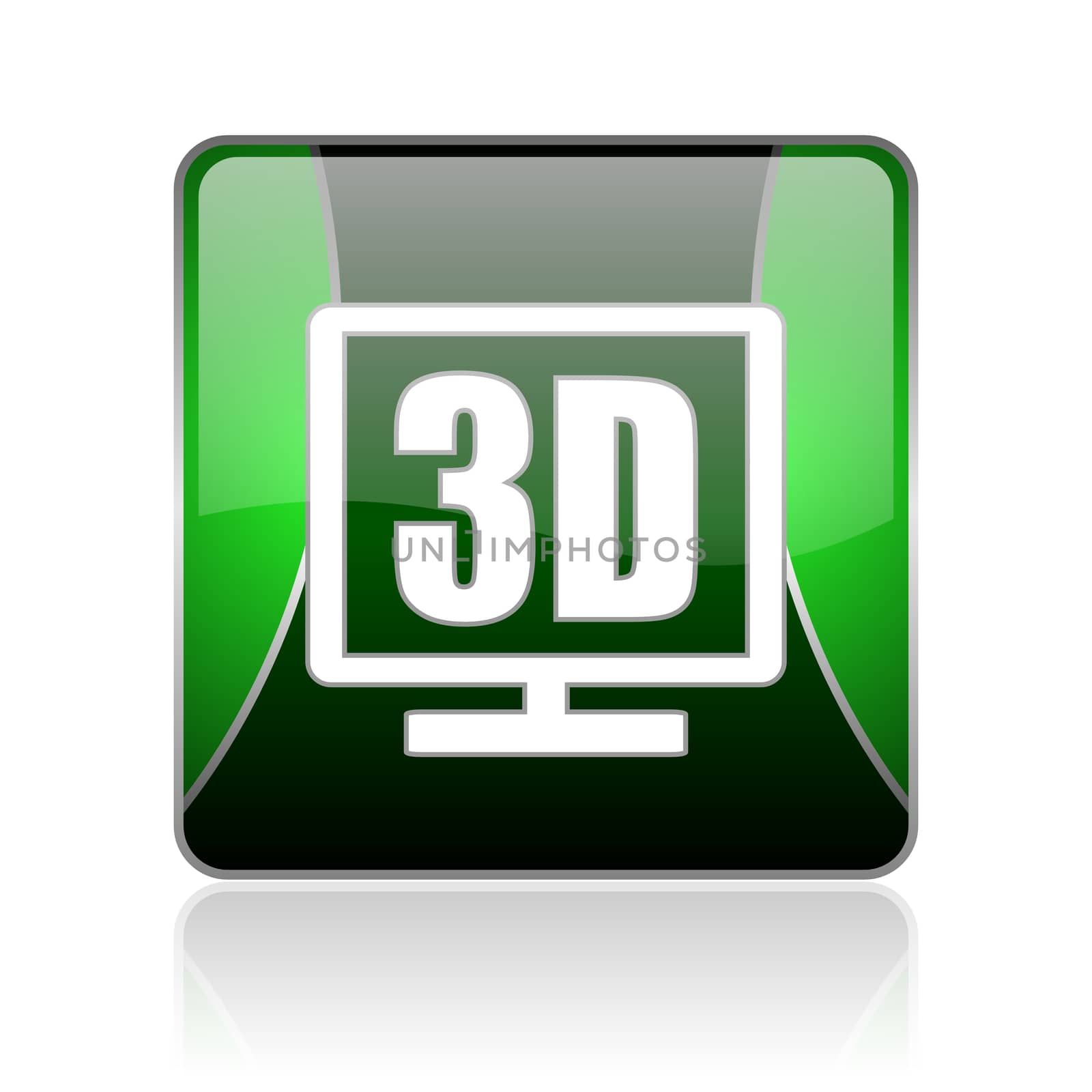 black and green square glossy internet icon on white background with reflaction